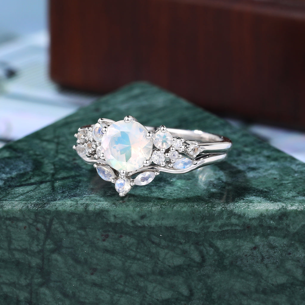 Vintage Round Moonstone Engagement Ring Set,  Rose/white/yellow Gold Bridal Wedding band S925/10k/14k/18k