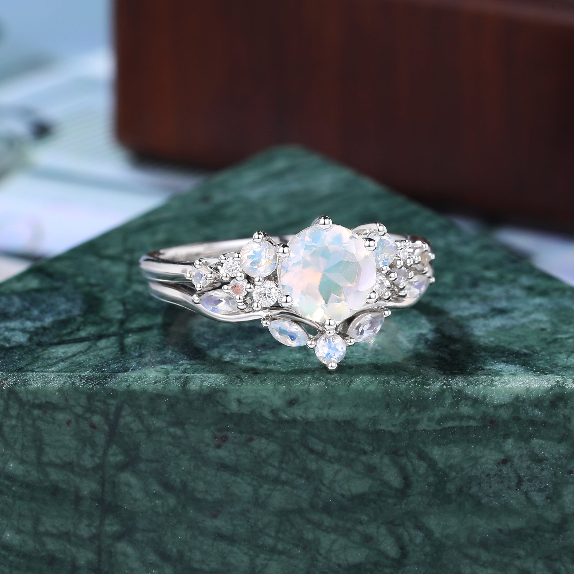 Vintage Round Moonstone Engagement Ring Set,  Rose/white/yellow Gold Bridal Wedding band S925/10k/14k/18k