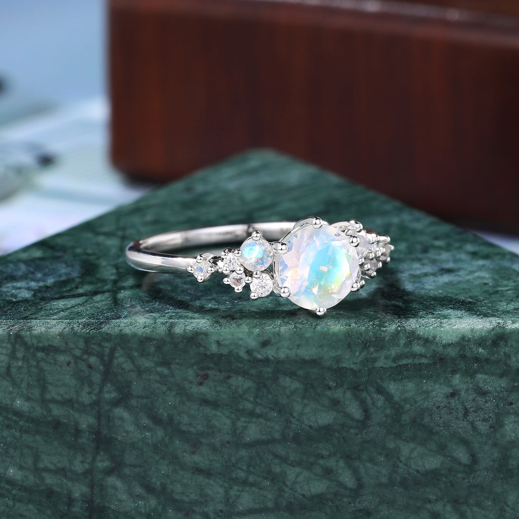 Round moonstone engagement ring, unique rose gold/white gold/yellow gold Bridal ring. S925/10K/14K/18K gold.