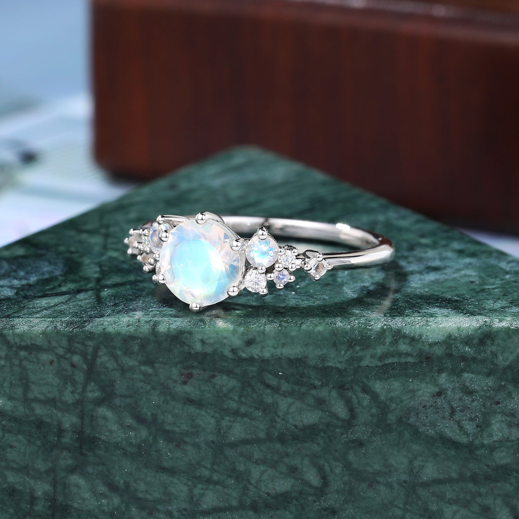 Round moonstone engagement ring, unique rose gold/white gold/yellow gold Bridal ring. S925/10K/14K/18K gold.