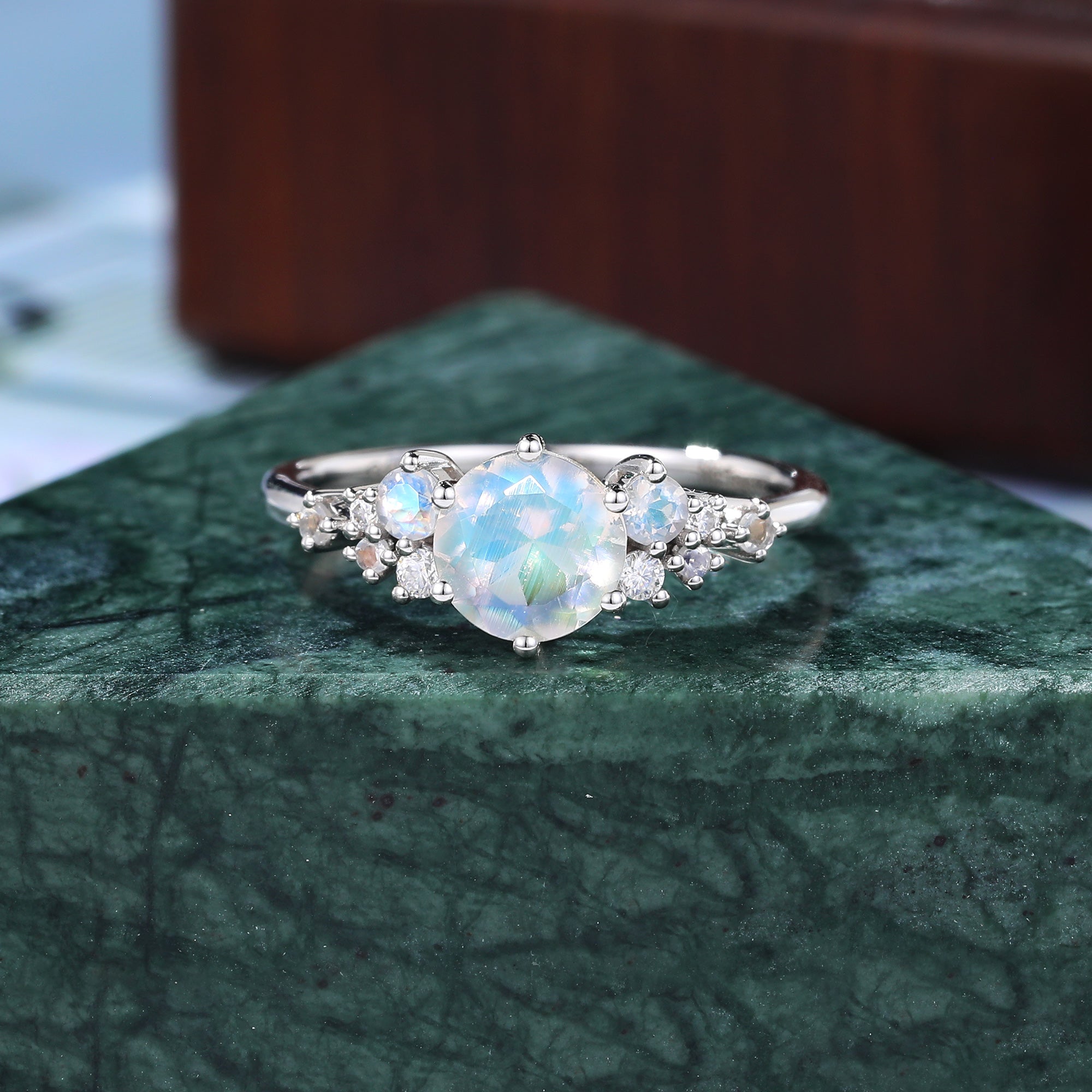 Round moonstone engagement ring, unique rose gold/white gold/yellow gold Bridal ring. S925/10K/14K/18K gold.