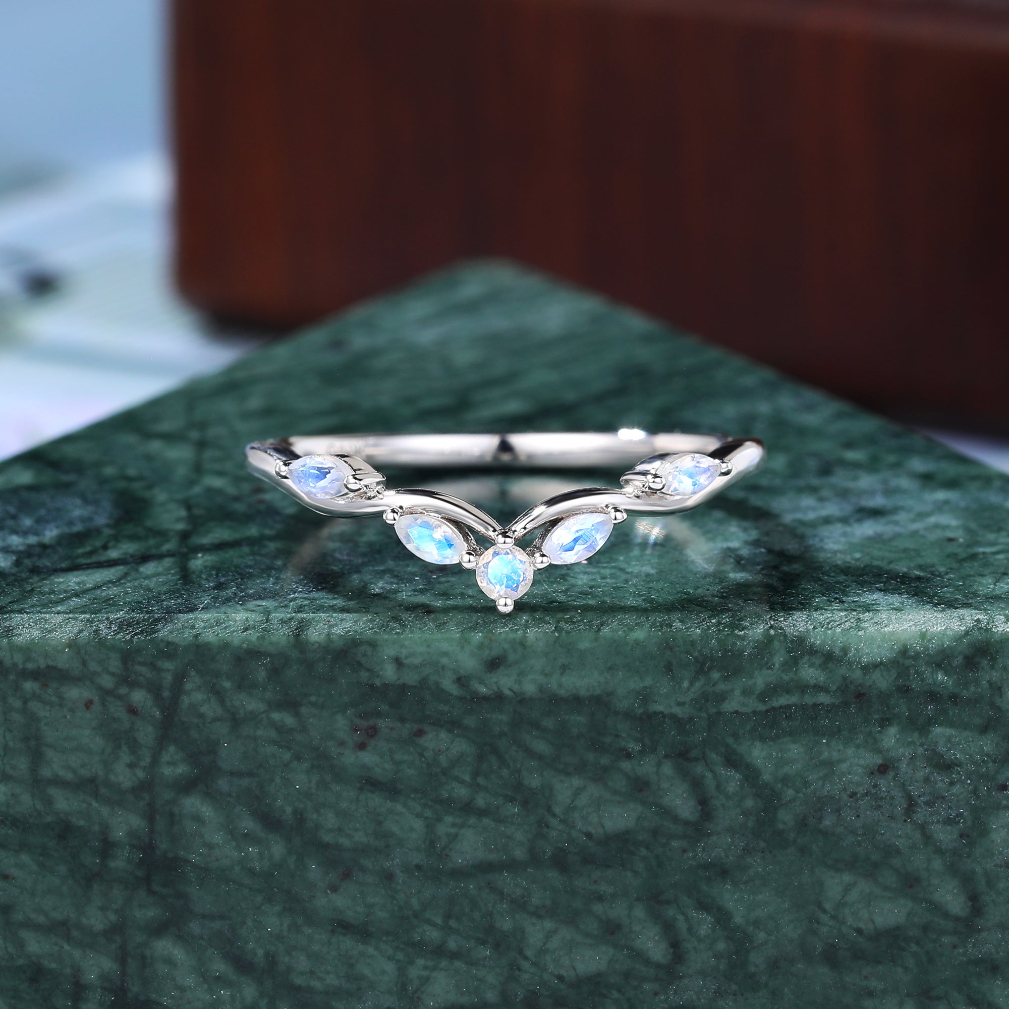 Round cut  moonstone wedding band vintage unique  rose/white/yellow gold ring  prong set anniversary promise bridal ring