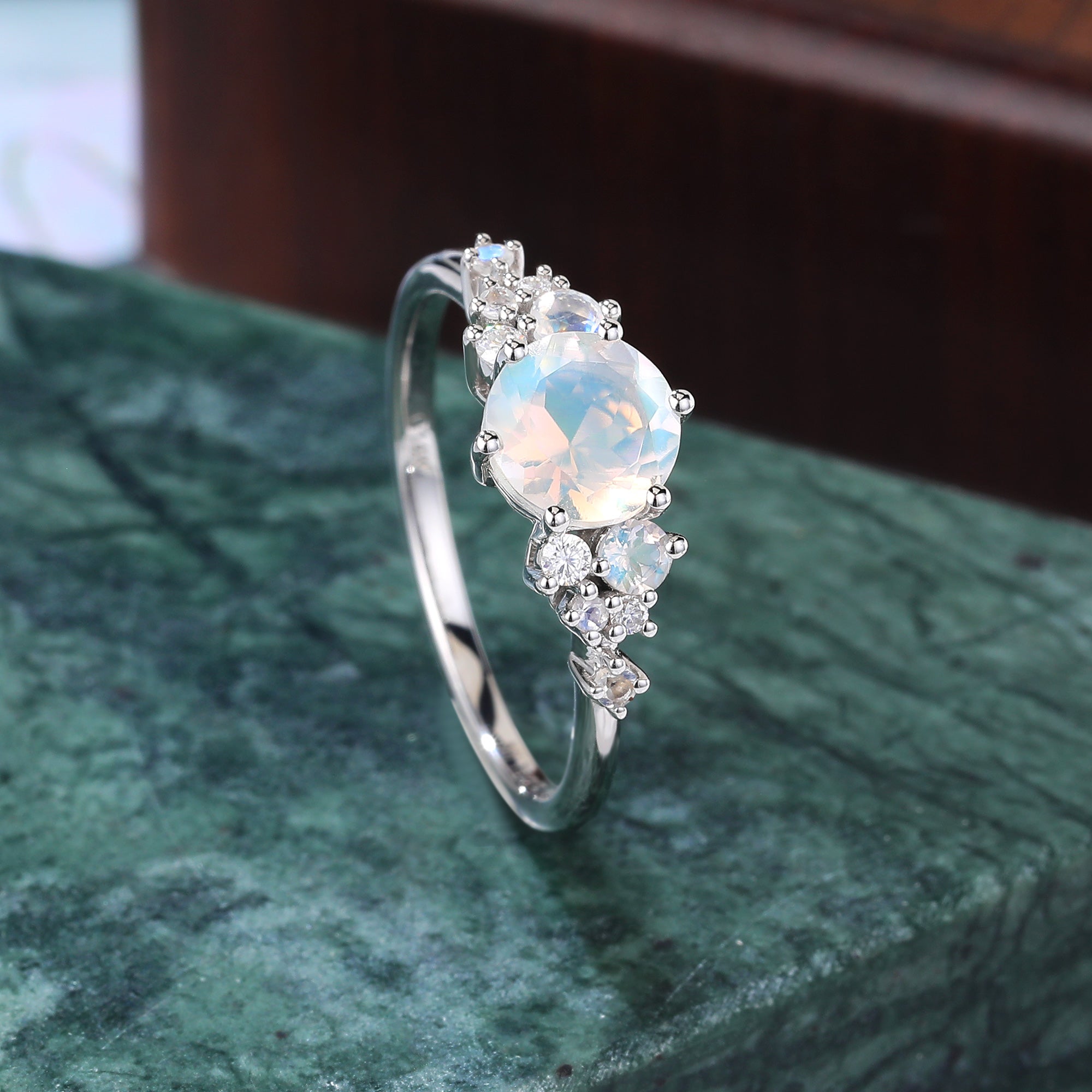 Round moonstone engagement ring, unique rose gold/white gold/yellow gold Bridal ring. S925/10K/14K/18K gold.