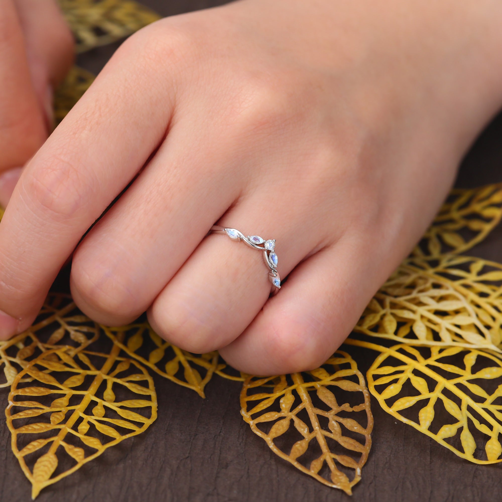 Round cut  moonstone wedding band vintage unique  rose/white/yellow gold ring  prong set anniversary promise bridal ring