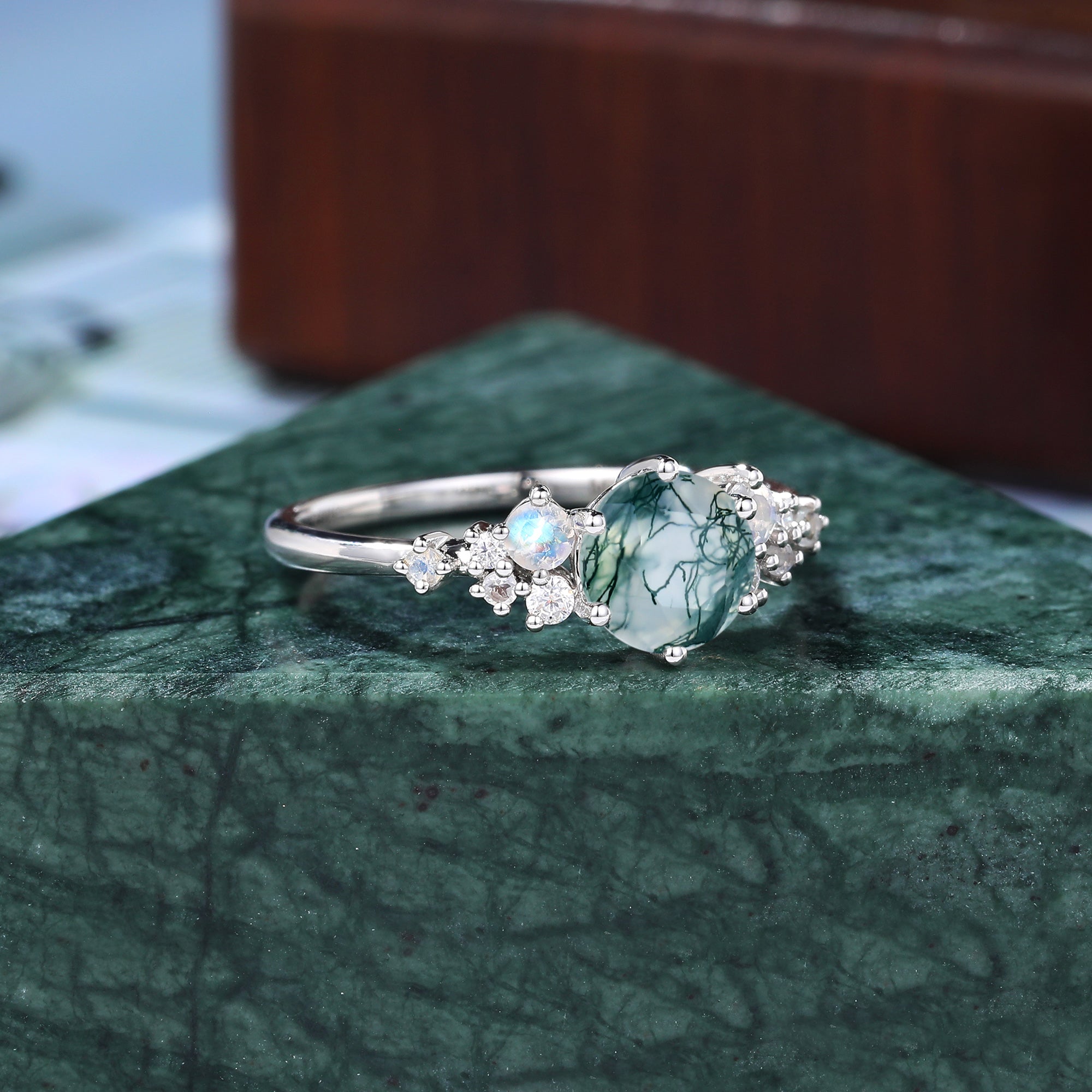 Unique round moss agate engagement ring,925 silver/10k/14k/18k rose gold  white gold yellow gold ring