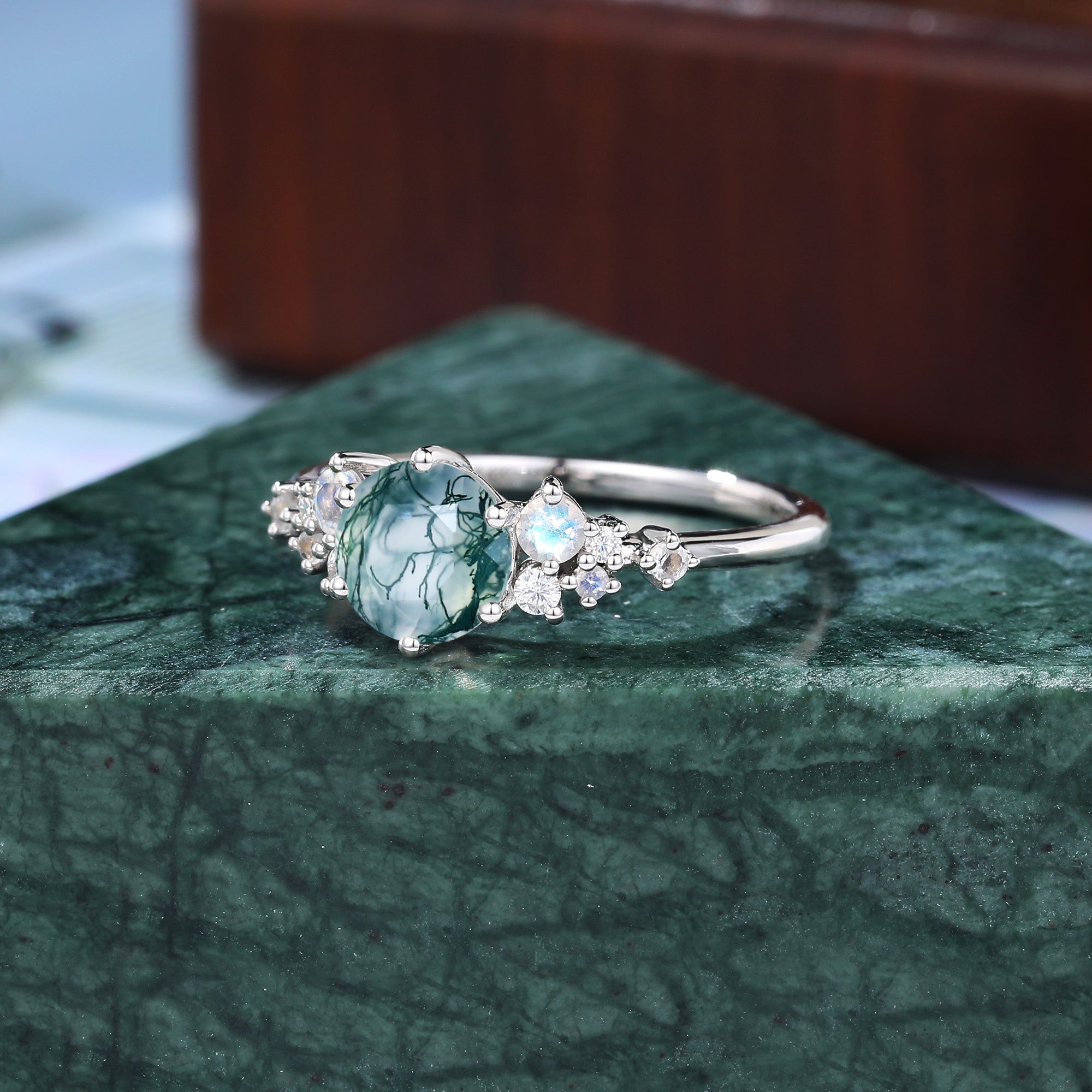 Unique round moss agate engagement ring,925 silver/10k/14k/18k rose gold  white gold yellow gold ring