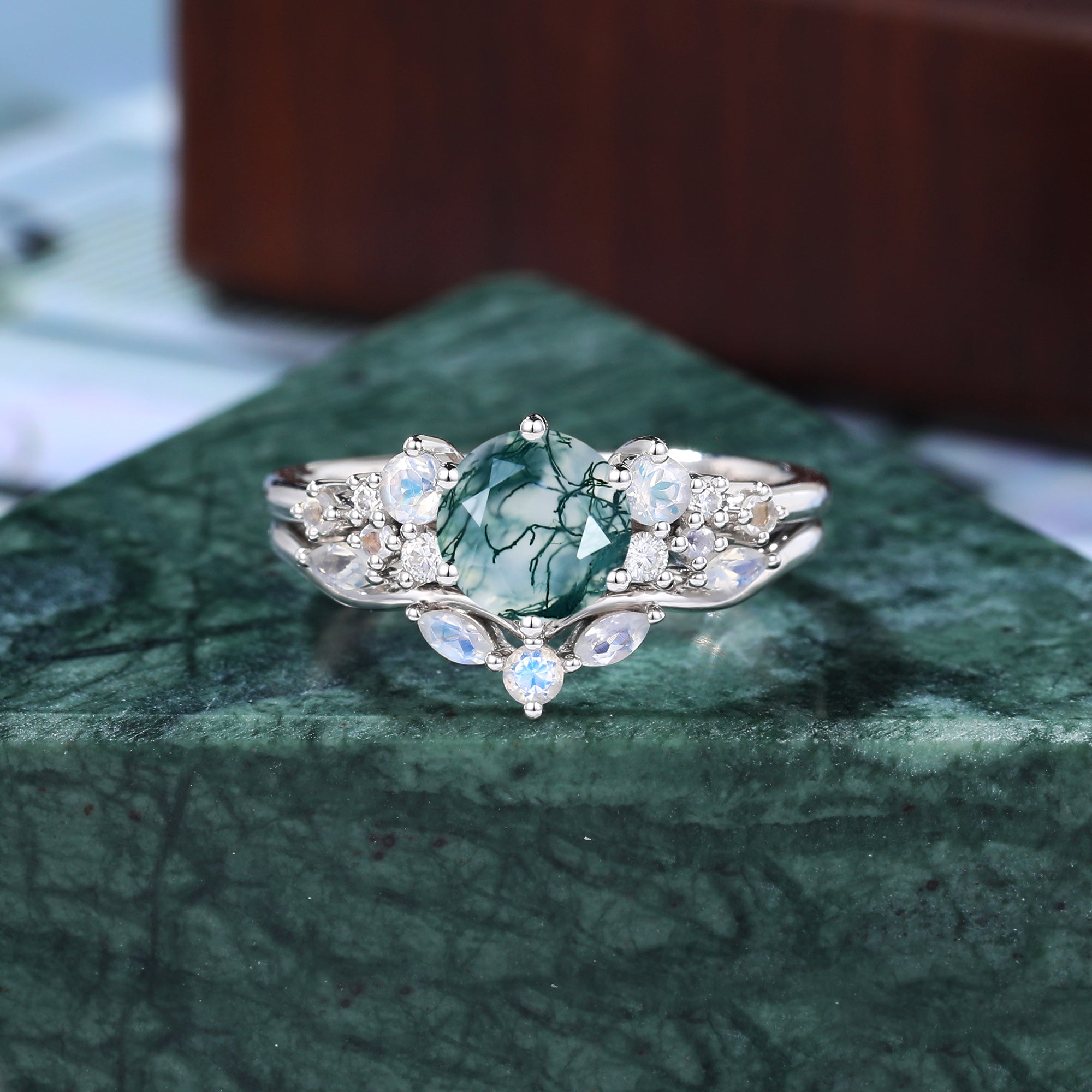 Vintage round Moss agate Engagement Ring Set,  Rose white/yellow/Gold Bridal Wedding band  S925/10k/14/18k