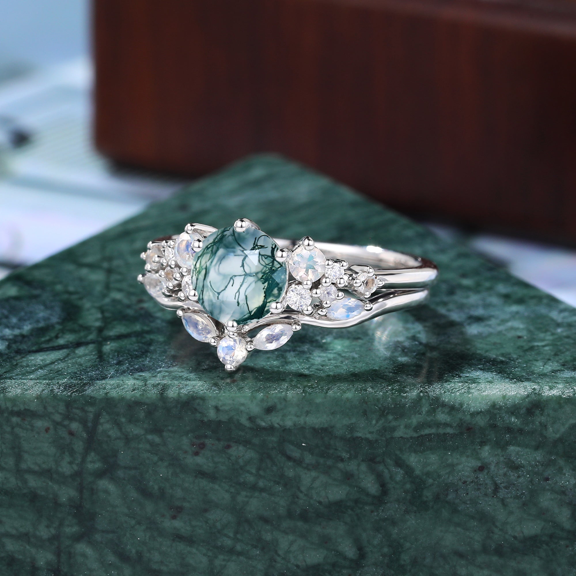 Vintage round Moss agate Engagement Ring Set,  Rose white/yellow/Gold Bridal Wedding band  S925/10k/14/18k