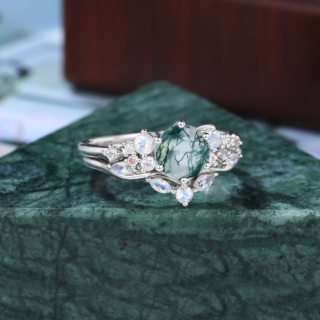 Vintage round Moss agate Engagement Ring Set,  Rose white/yellow/Gold Bridal Wedding band  S925/10k/14/18k