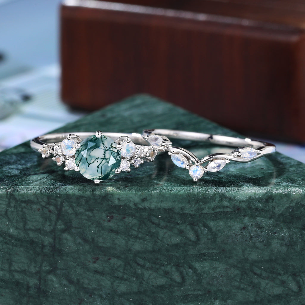 Vintage round Moss agate Engagement Ring Set,  Rose white/yellow/Gold Bridal Wedding band  S925/10k/14/18k