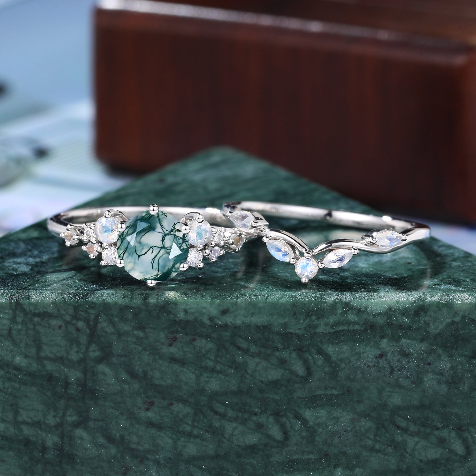 Vintage round Moss agate Engagement Ring Set,  Rose white/yellow/Gold Bridal Wedding band  S925/10k/14/18k