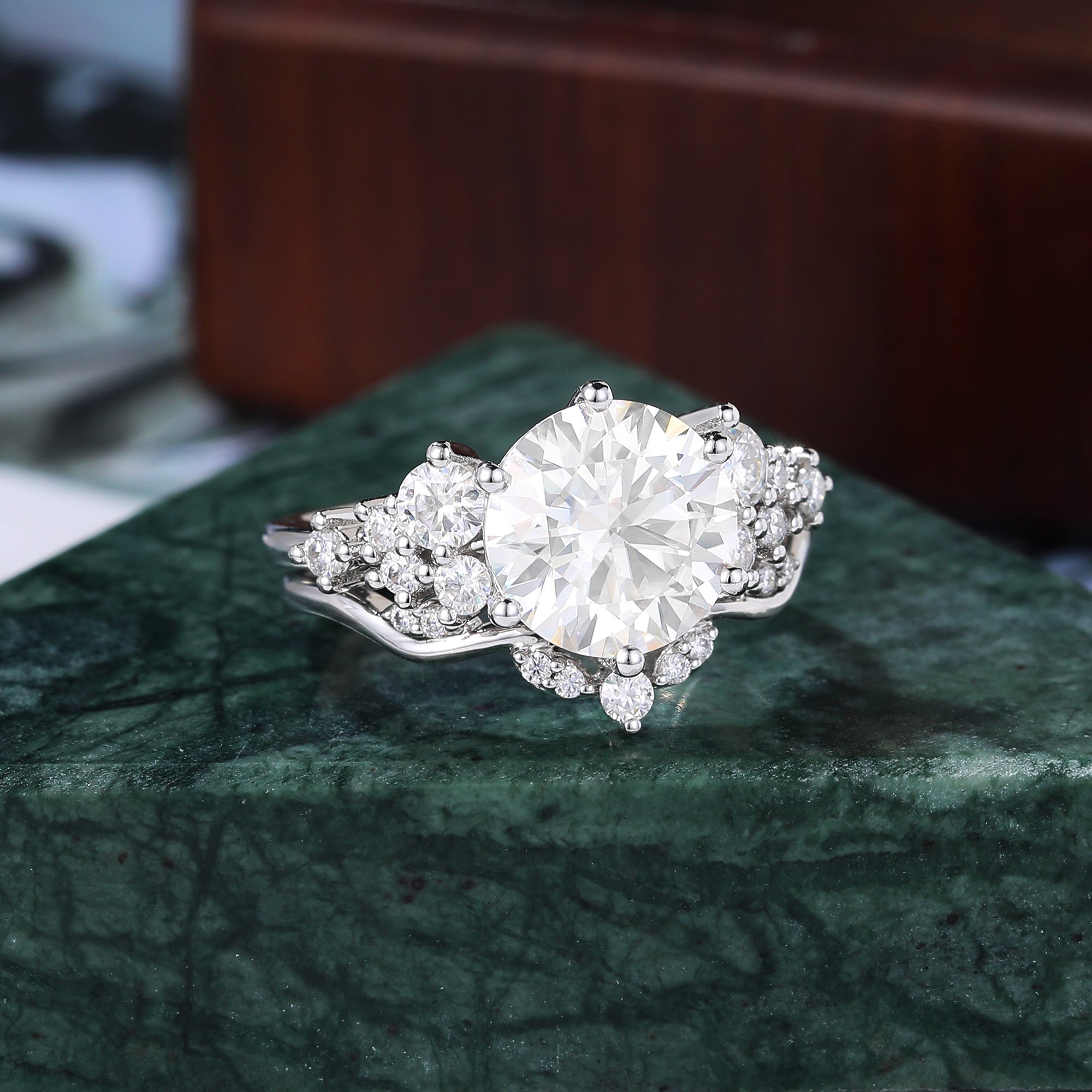 Vintage 2.5ct round Moissanite Engagement Ring Set, Cluster  Rose/white/yellow Gold Bridal Wedding band Unique ring