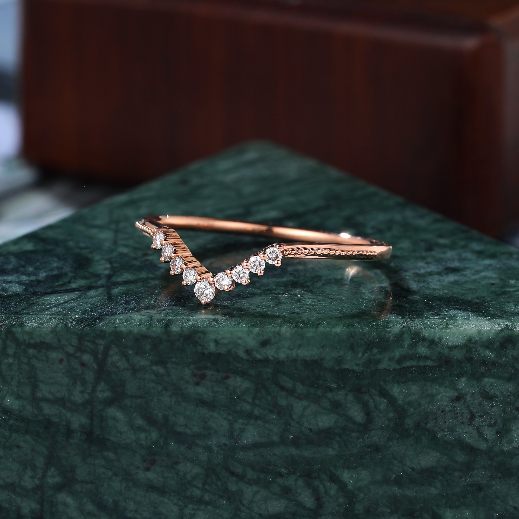 Art deco Lab grown diamond wedding band vintage rose gold ring