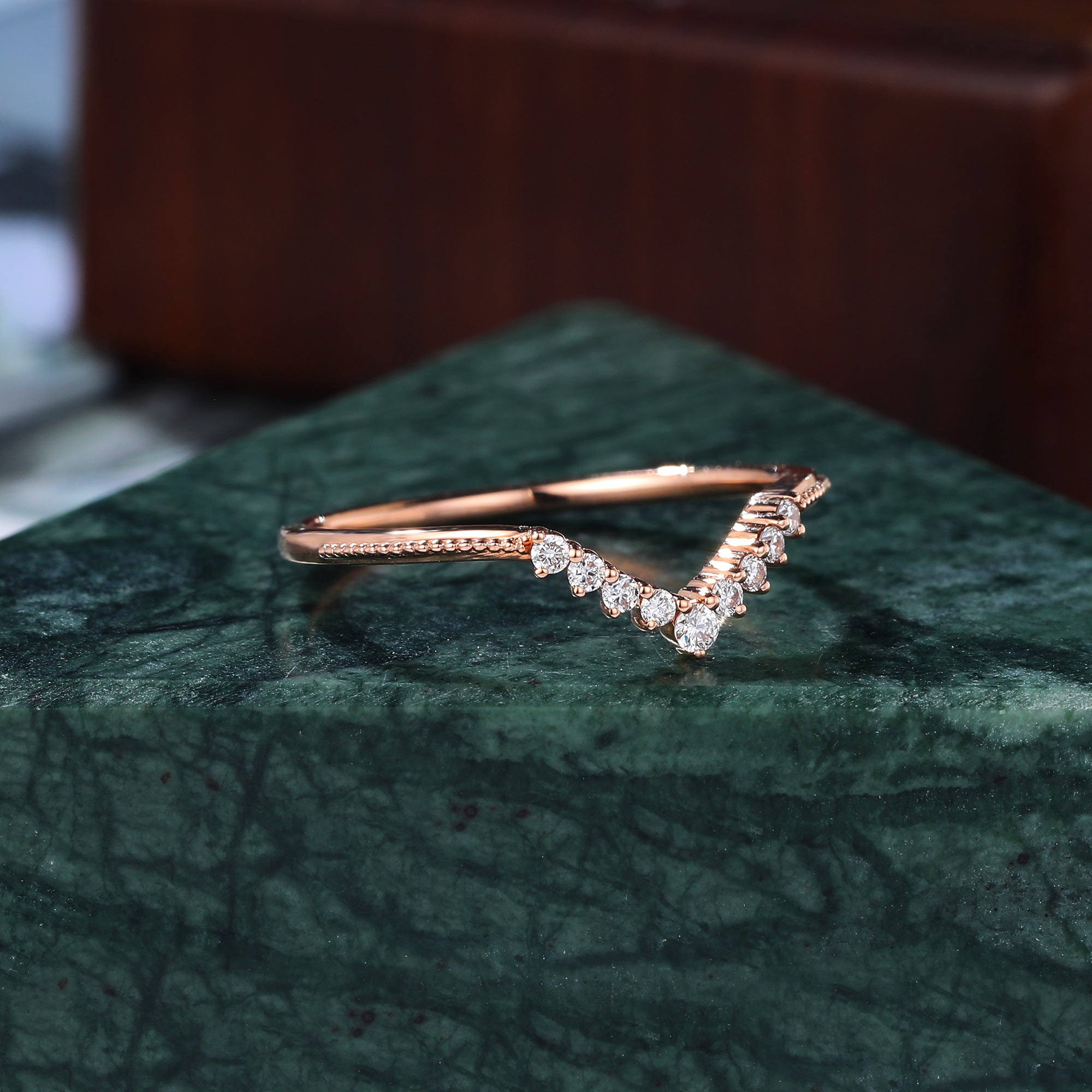 Art deco Lab grown diamond wedding band vintage rose gold ring