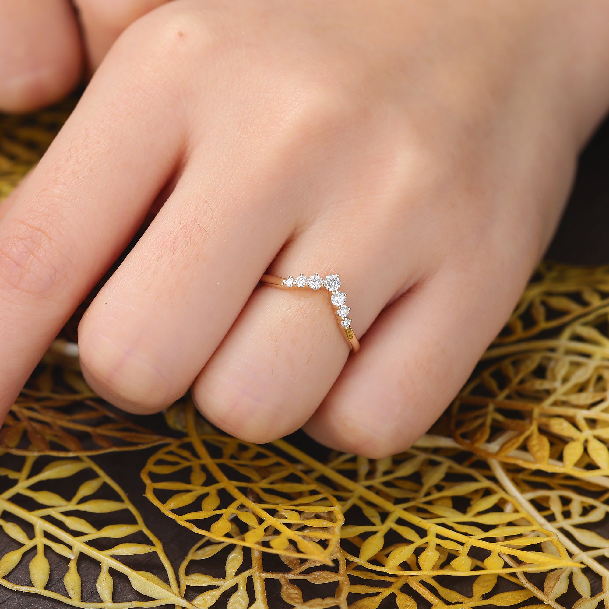 Curved Lab grown Diamond wedding band women vintage yellow gold ring S925/10K/14K/18K gold