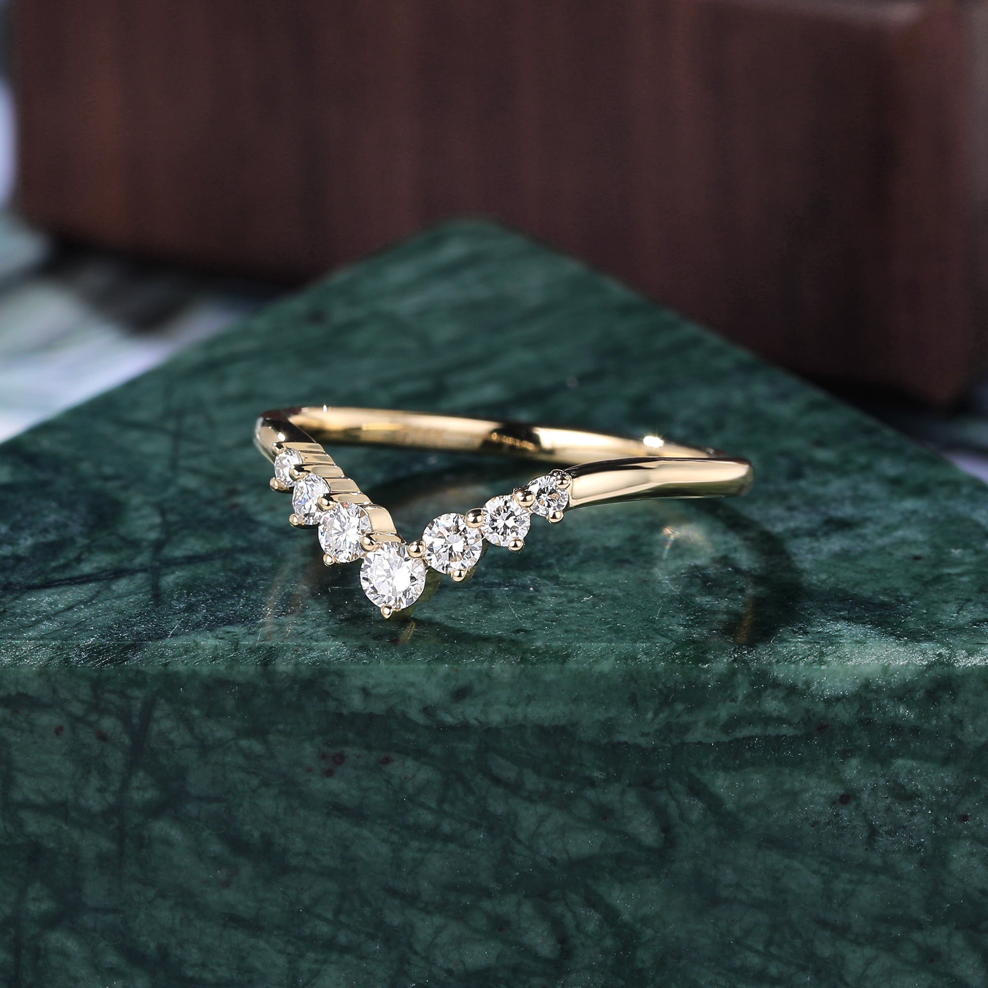 Curved Lab grown Diamond wedding band women vintage yellow gold ring S925/10K/14K/18K gold