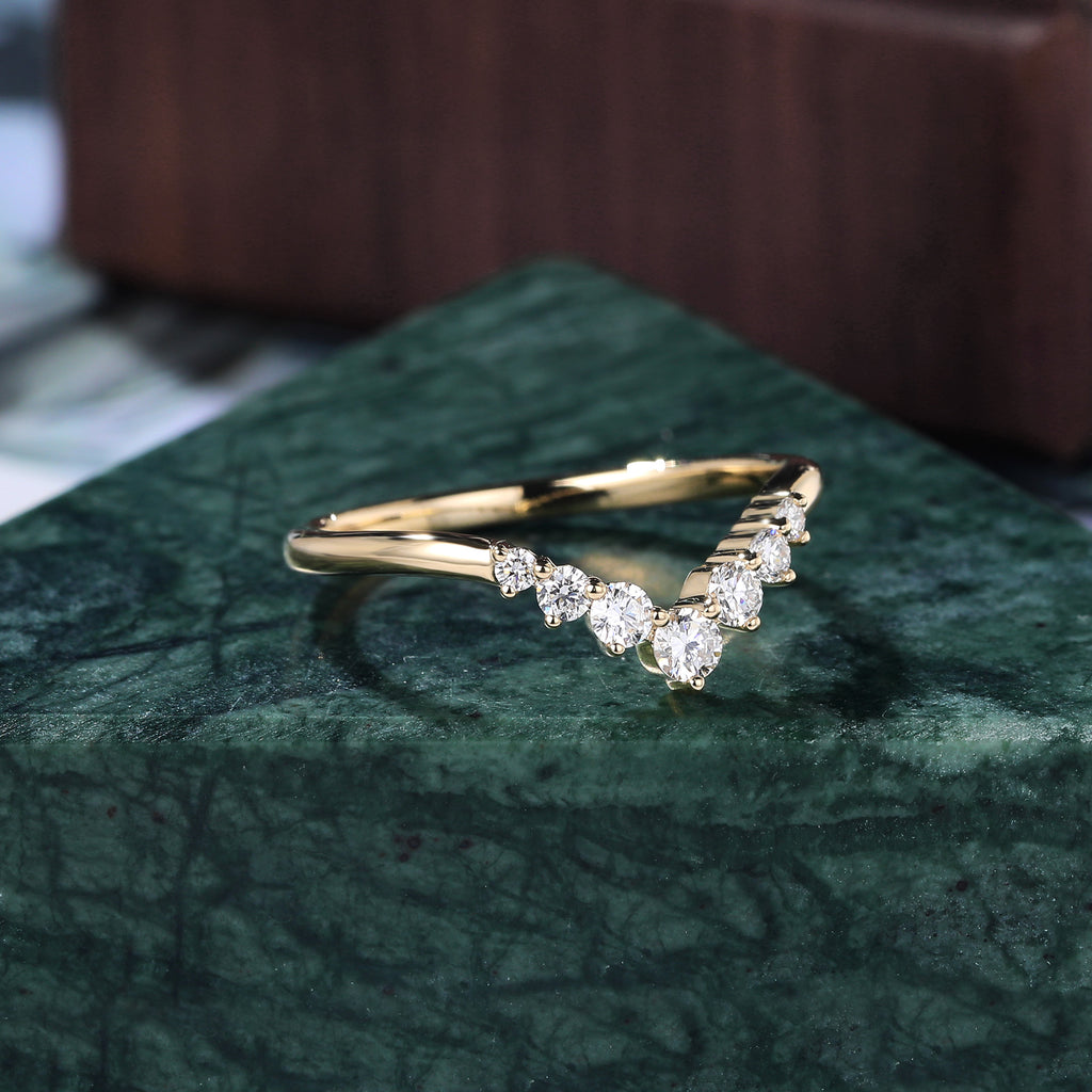 Curved Lab grown Diamond wedding band women vintage yellow gold ring S925/10K/14K/18K gold