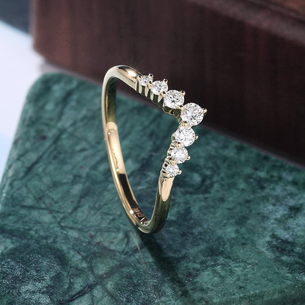 Curved Lab grown Diamond wedding band women vintage yellow gold ring S925/10K/14K/18K gold