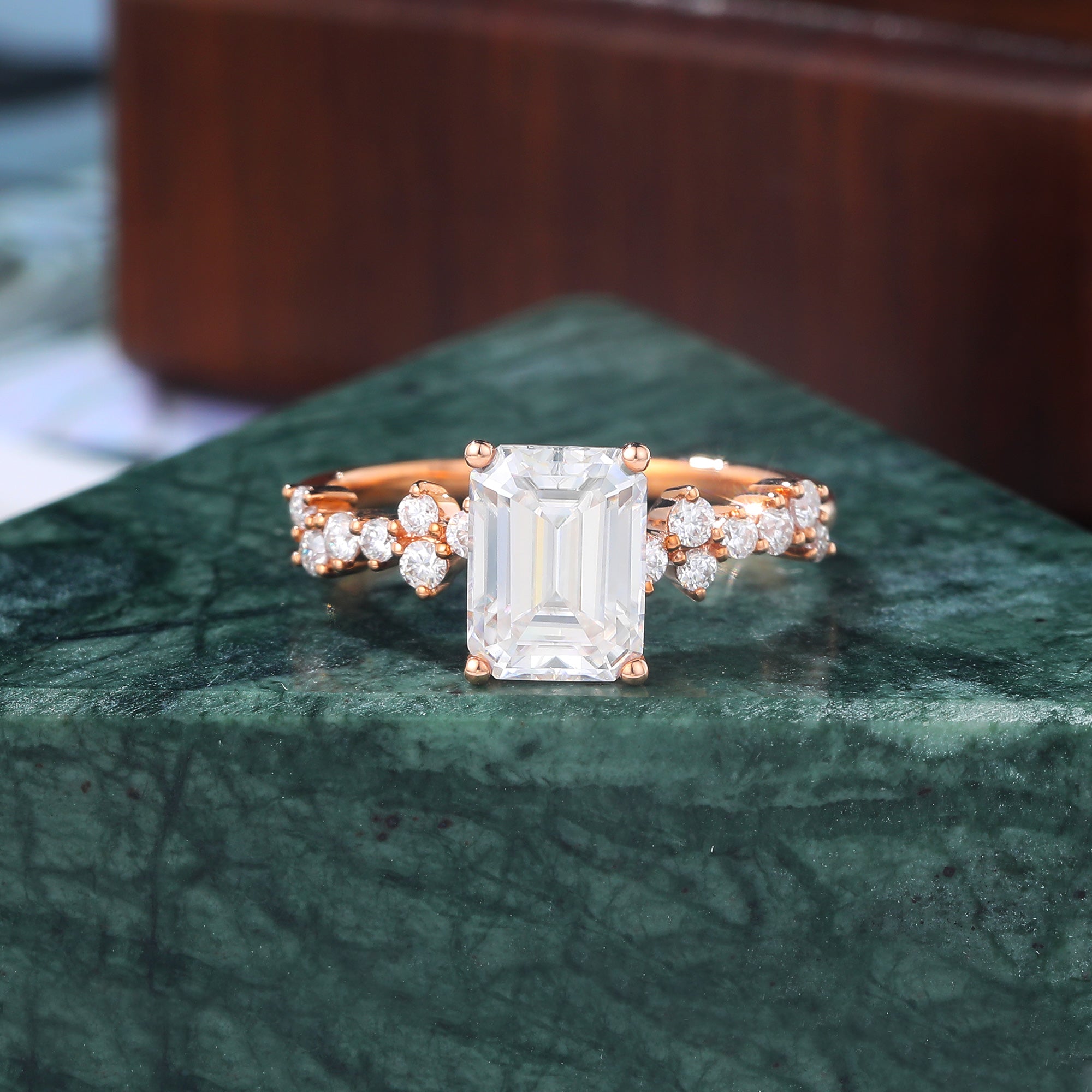 Emerald cut moissanite rose gold engagement Ring.