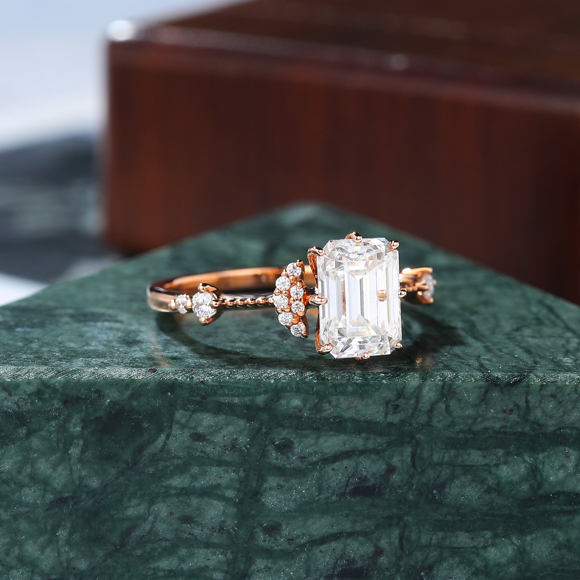 Emerald cut moissanite rose gold engagement Ring.