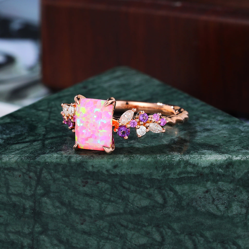 Emerald cut Lab Pink Opal engagement ring S925/10k/14k/18k gold , unique Bridal ring rose/white/yellow gold ring