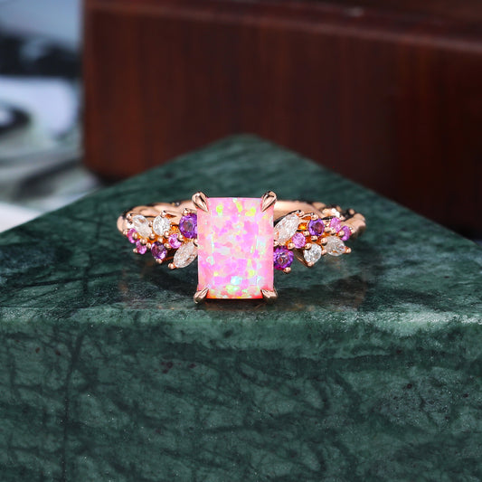 Emerald cut Lab Pink Opal engagement ring S925/10k/14k/18k gold , unique Bridal ring rose/white/yellow gold ring