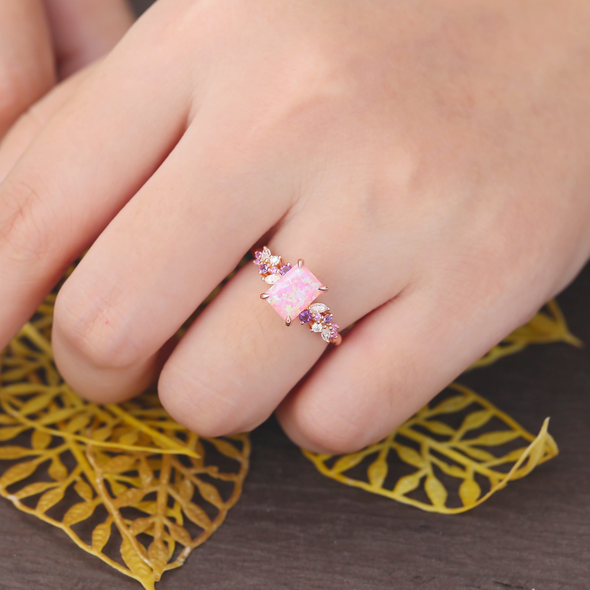 Emerald cut Lab Pink Opal engagement ring S925/10k/14k/18k gold , unique Bridal ring rose/white/yellow gold ring