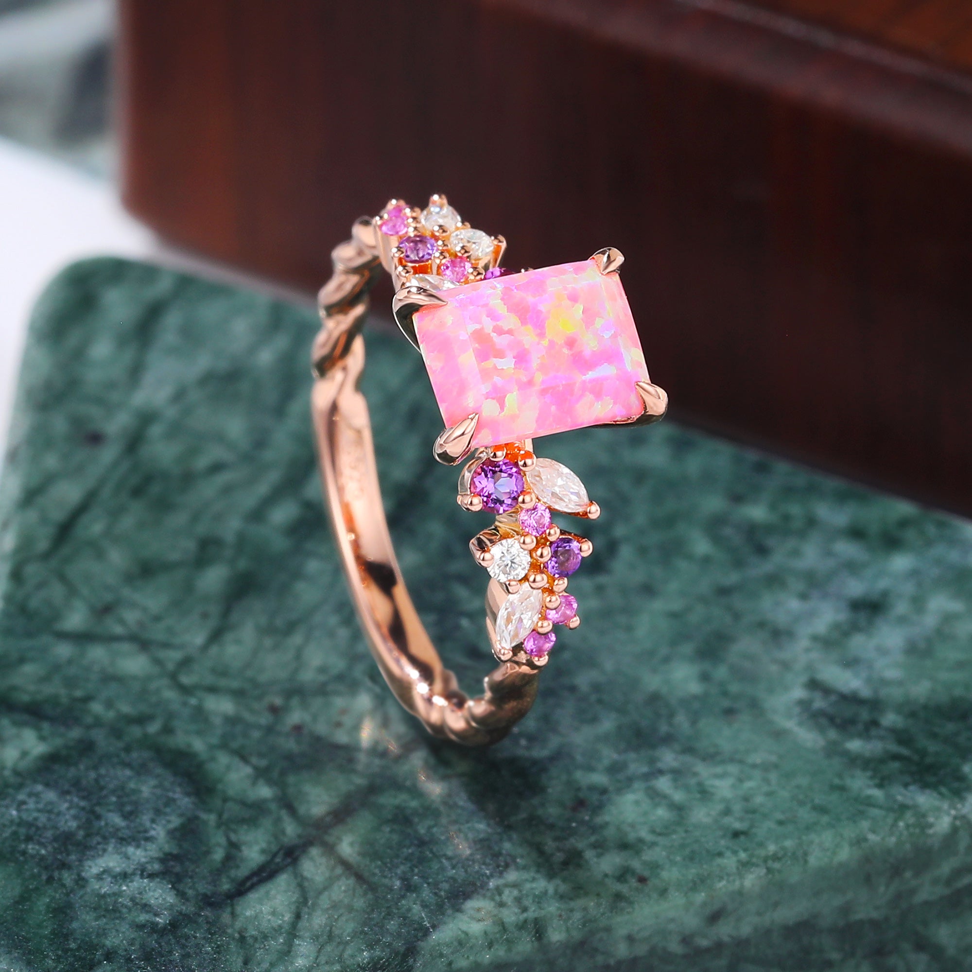 Emerald cut Lab Pink Opal engagement ring S925/10k/14k/18k gold , unique Bridal ring rose/white/yellow gold ring