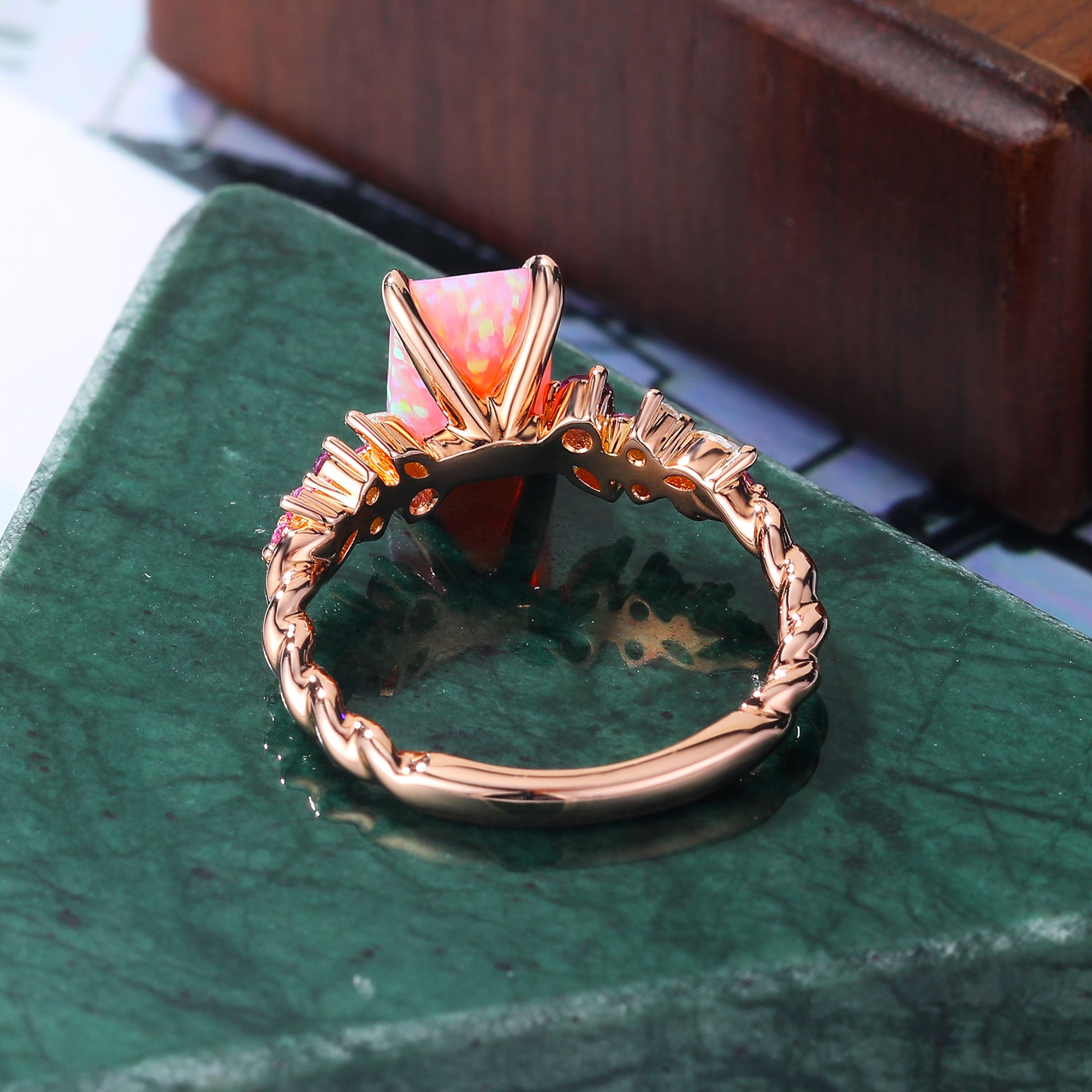 Emerald cut Lab Pink Opal engagement ring S925/10k/14k/18k gold , unique Bridal ring rose/white/yellow gold ring