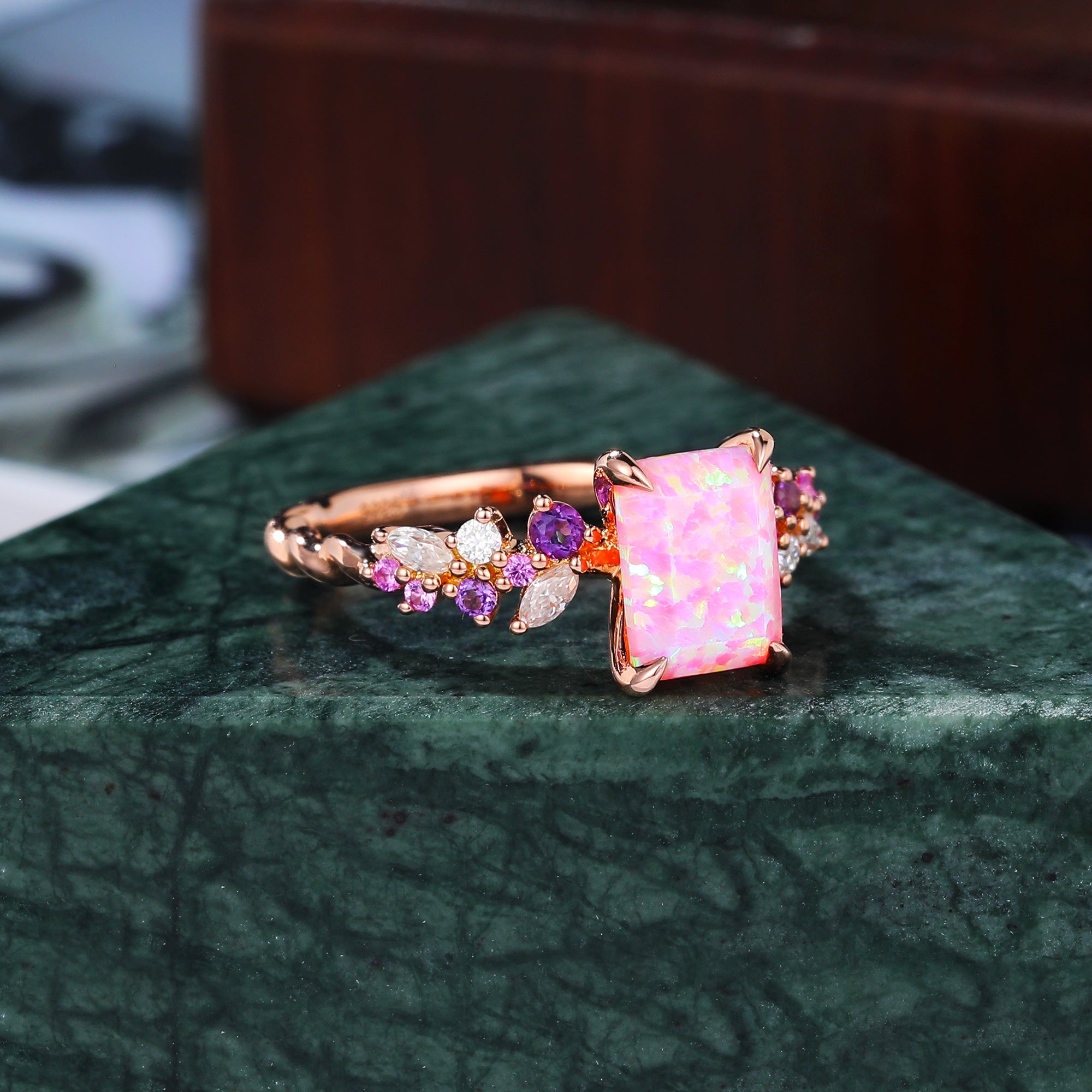 Emerald cut Lab Pink Opal engagement ring S925/10k/14k/18k gold , unique Bridal ring rose/white/yellow gold ring