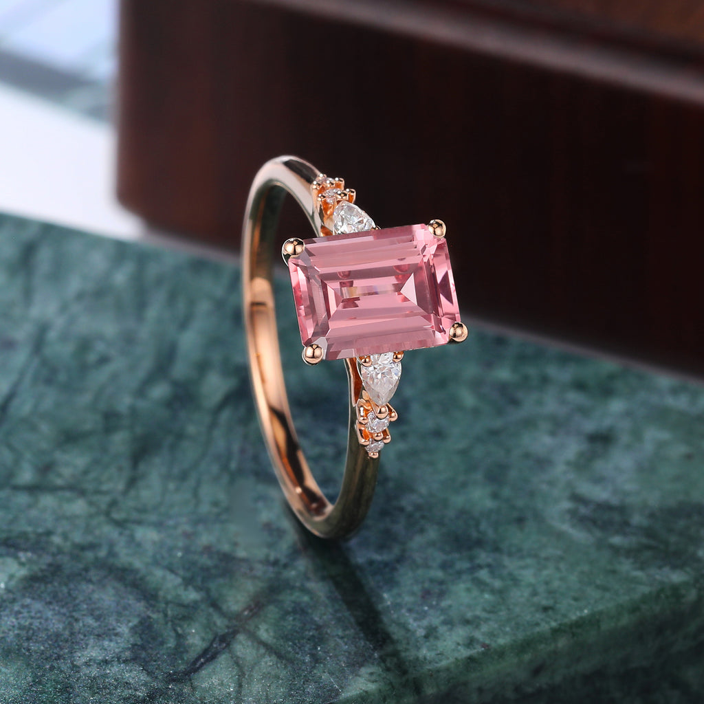 Emerald cut Lab Pink Sapphire engagement ring , unique moissanite bridal ring rose/white/yellow gold  S925/10k/14k/18k