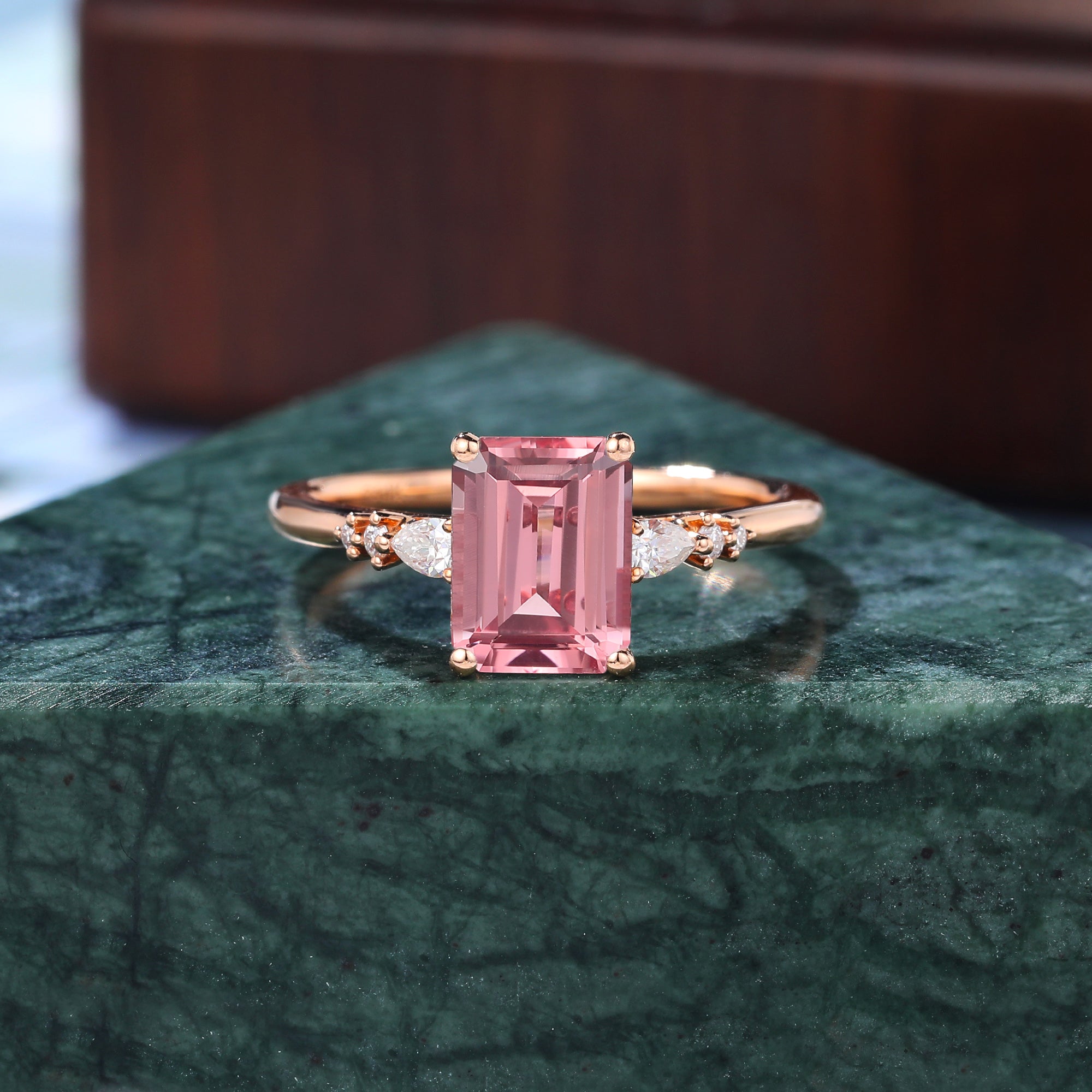 Emerald cut Lab Pink Sapphire engagement ring , unique moissanite bridal ring rose/white/yellow gold  S925/10k/14k/18k
