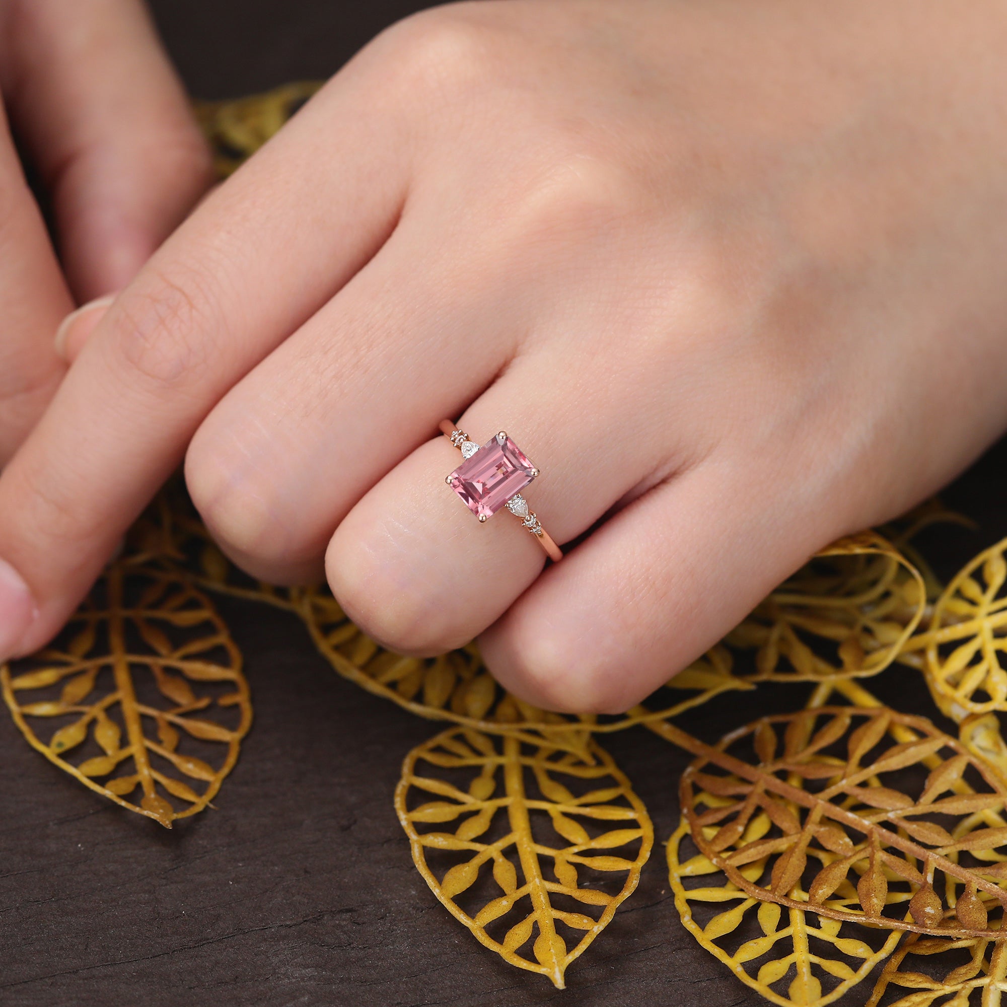 Emerald cut Lab Pink Sapphire engagement ring , unique moissanite bridal ring rose/white/yellow gold  S925/10k/14k/18k