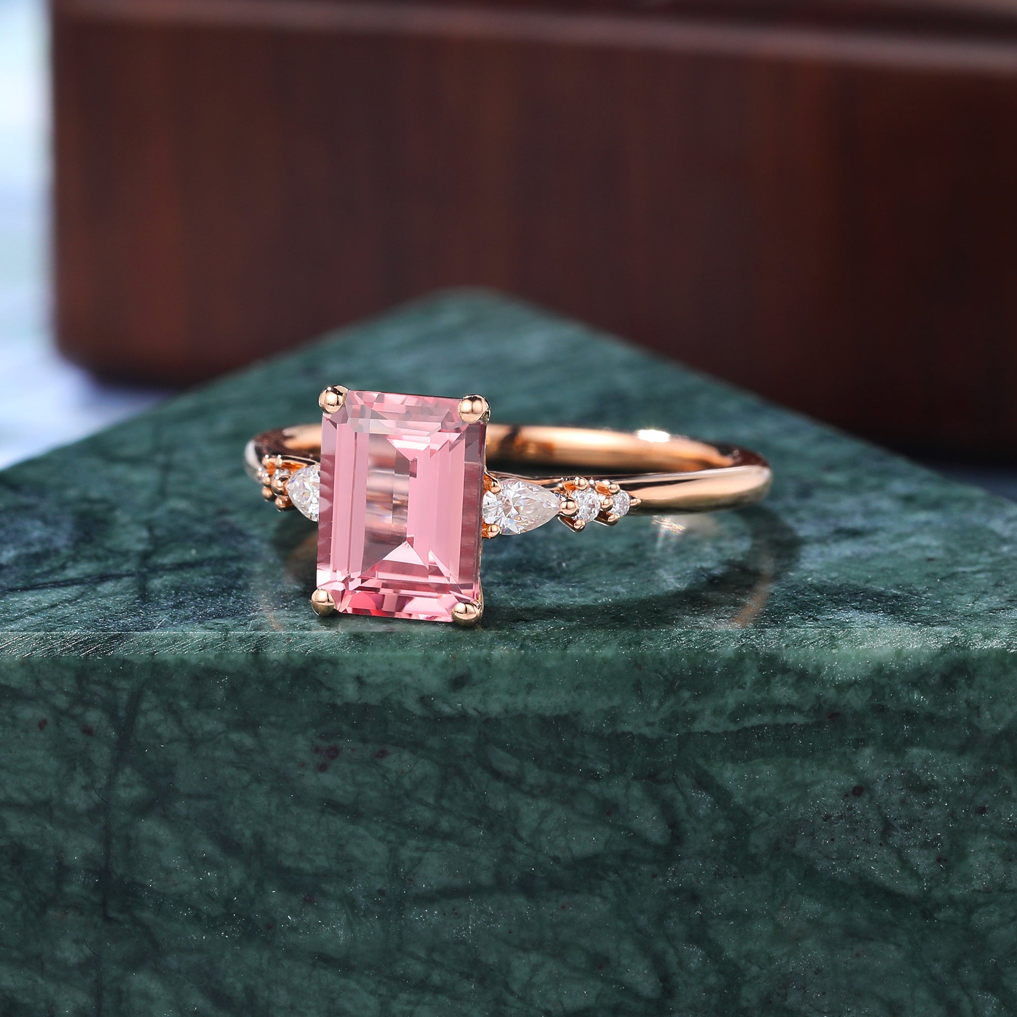 Emerald cut Lab Pink Sapphire engagement ring , unique moissanite bridal ring rose/white/yellow gold  S925/10k/14k/18k