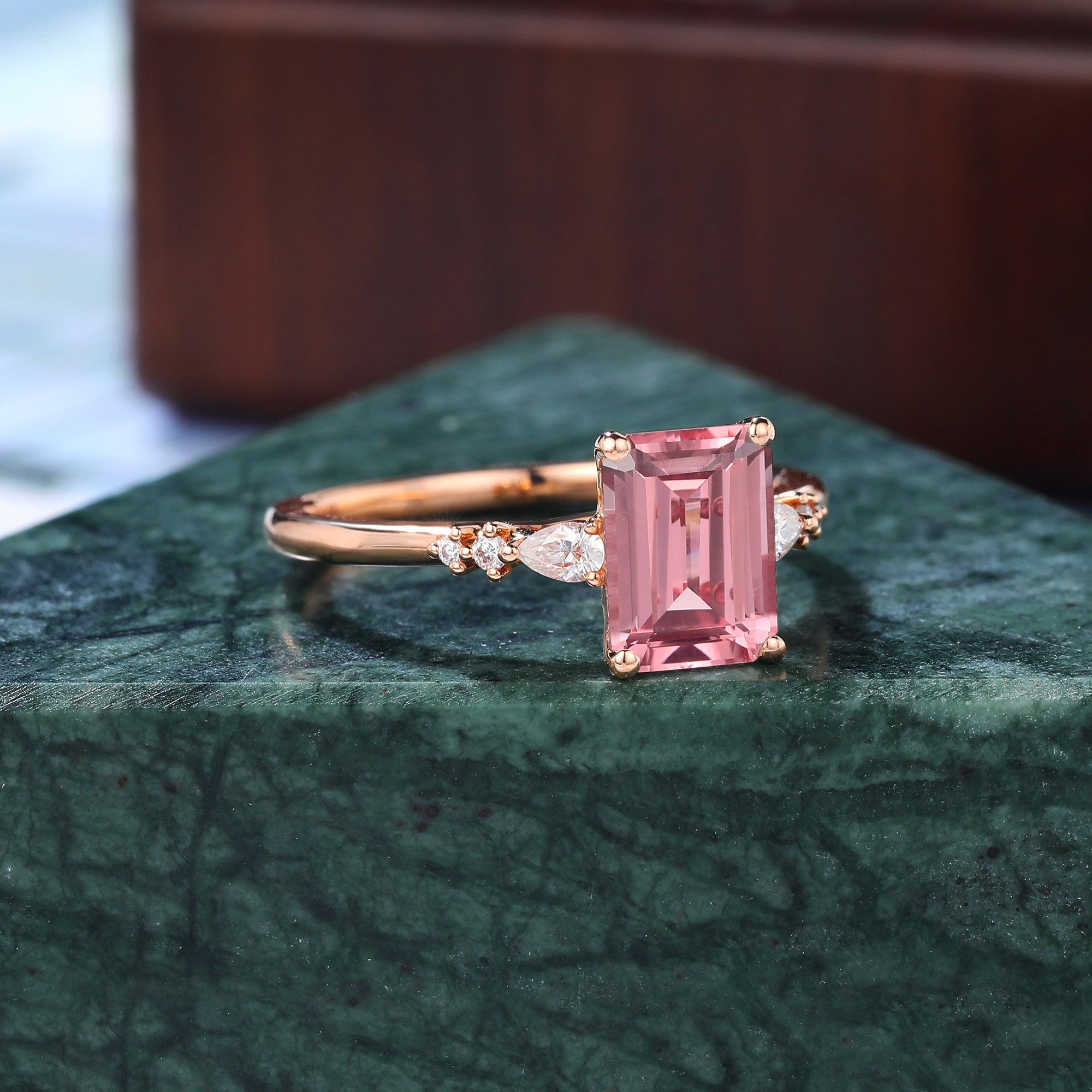 Emerald cut Lab Pink Sapphire engagement ring , unique moissanite bridal ring rose/white/yellow gold  S925/10k/14k/18k