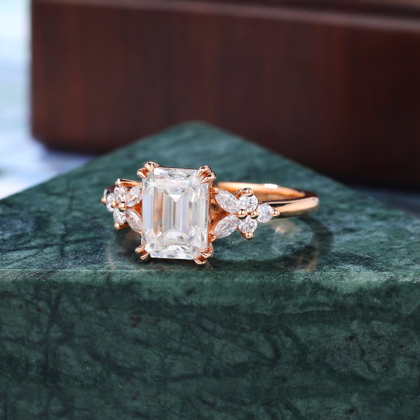 1.68ct Emerald cut moissanite engagement ring, Cluster rose gold ring anniversary gift 14/18k gold