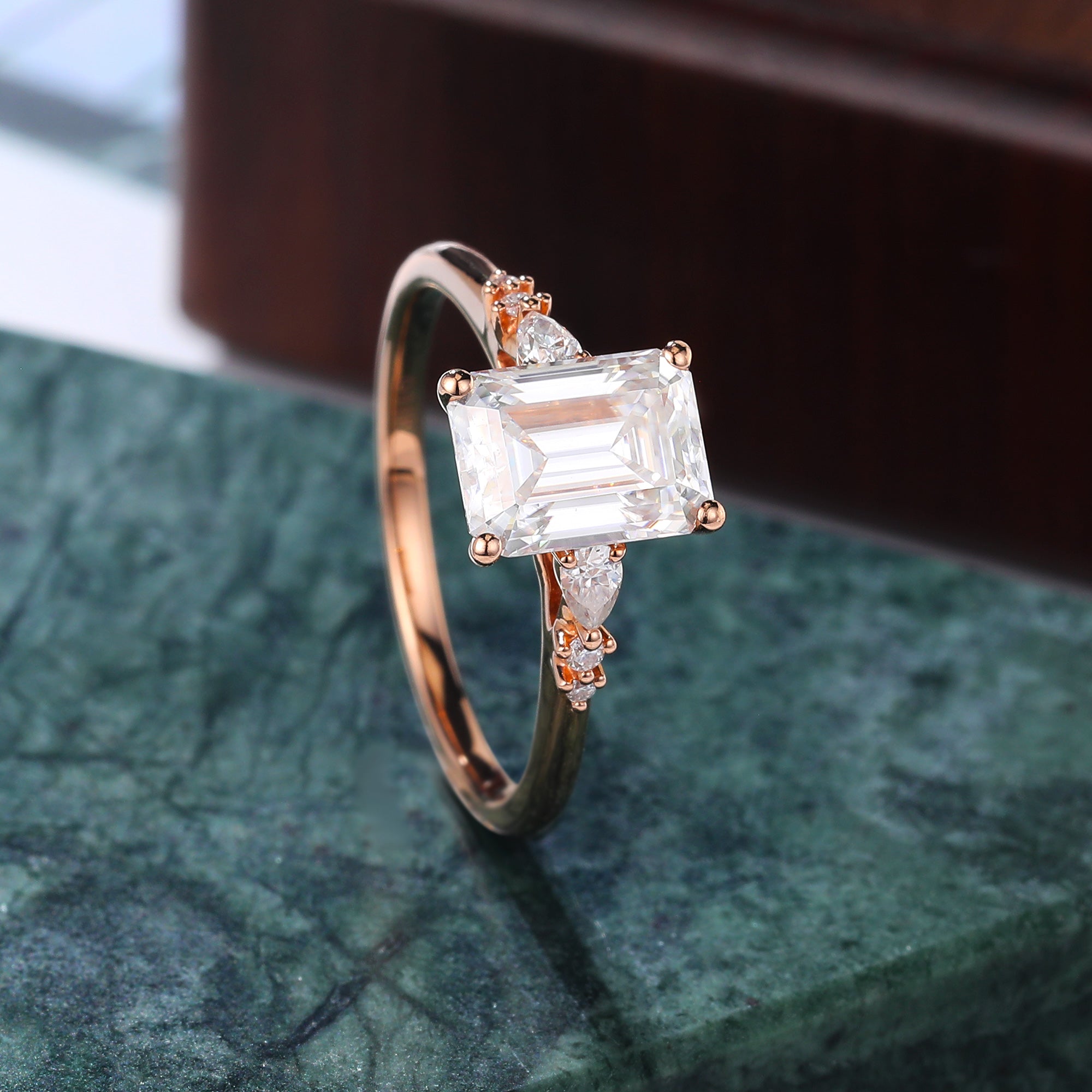 1.73ct Emerald cut moissanite engagement ring, Cluster rose gold ring, anniversary gift 10/14/18k gold