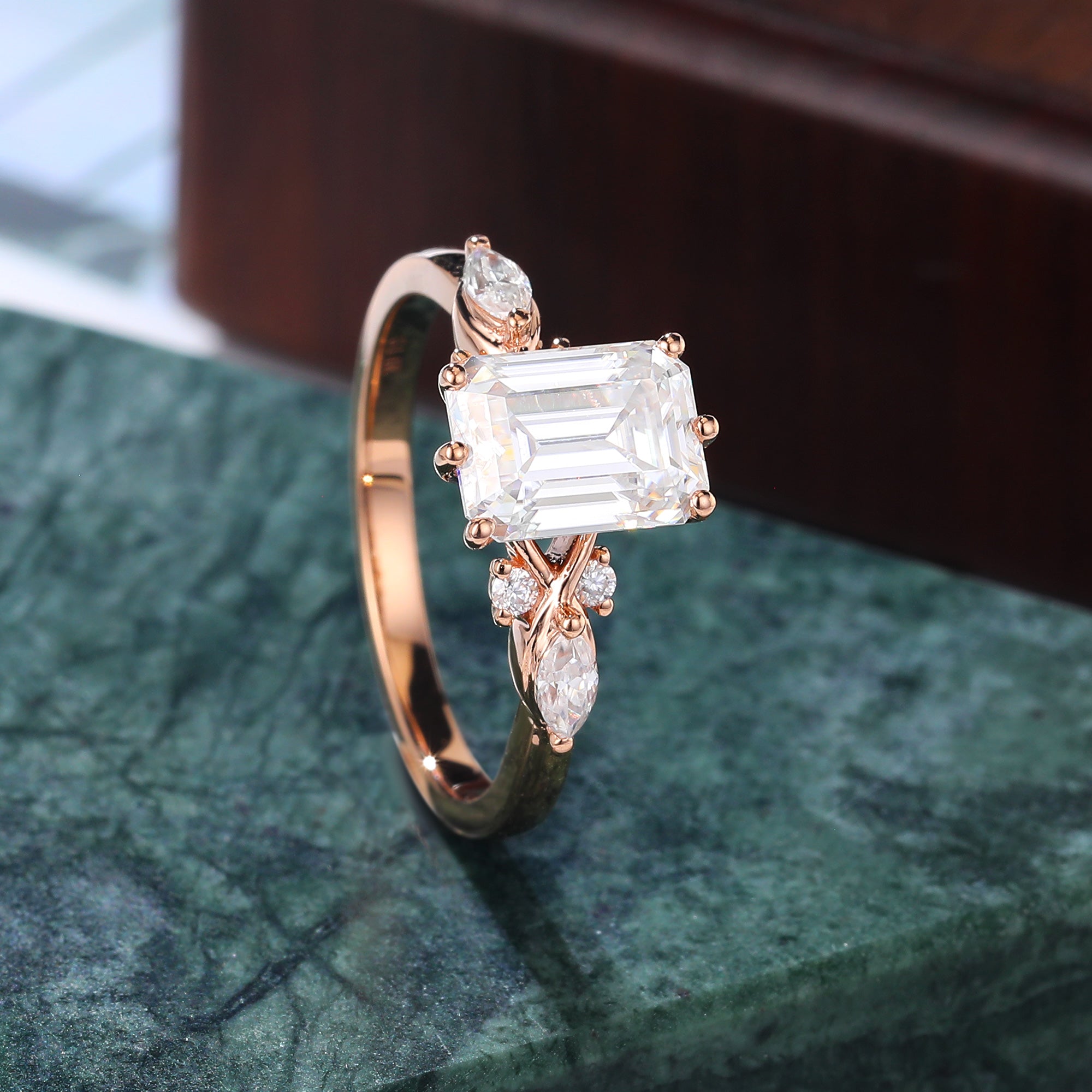 Cluster Emerald cut moissanite engagement ring  10/14/18k