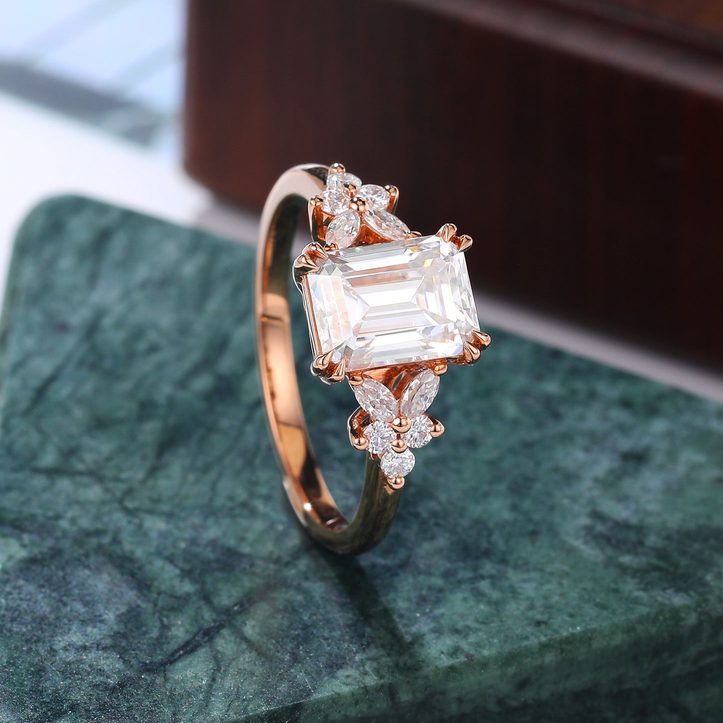 1.68ct Emerald cut moissanite engagement ring, Cluster rose gold ring anniversary gift 14/18k gold