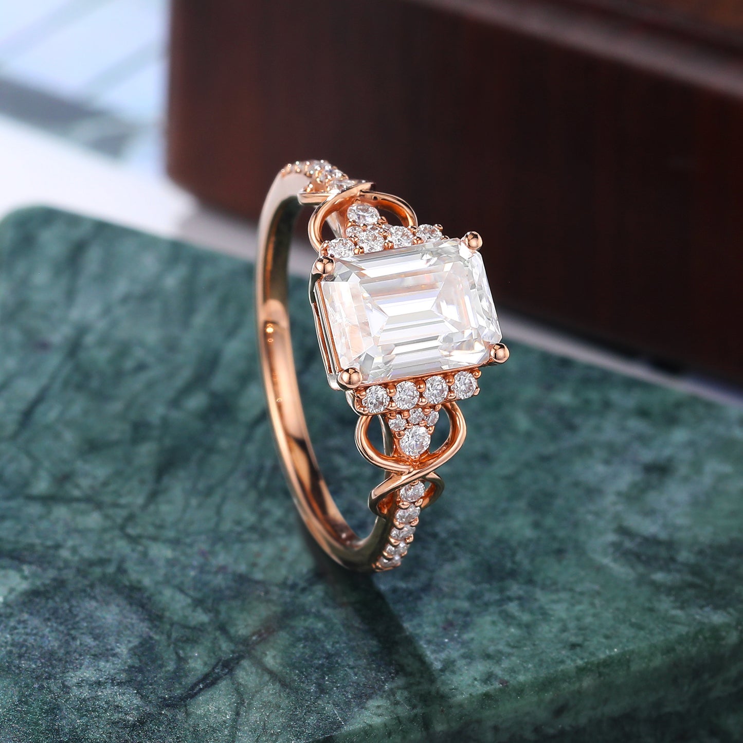 1.73ct Emerald cut moissanite engagement ring vintage rose gold ring unique natural diamond ring prong set anniversary promise bridal ring