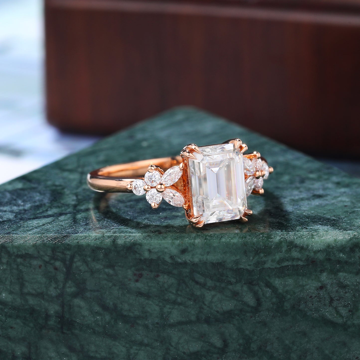 1.68ct Emerald cut moissanite engagement ring, Cluster rose gold ring anniversary gift 14/18k gold