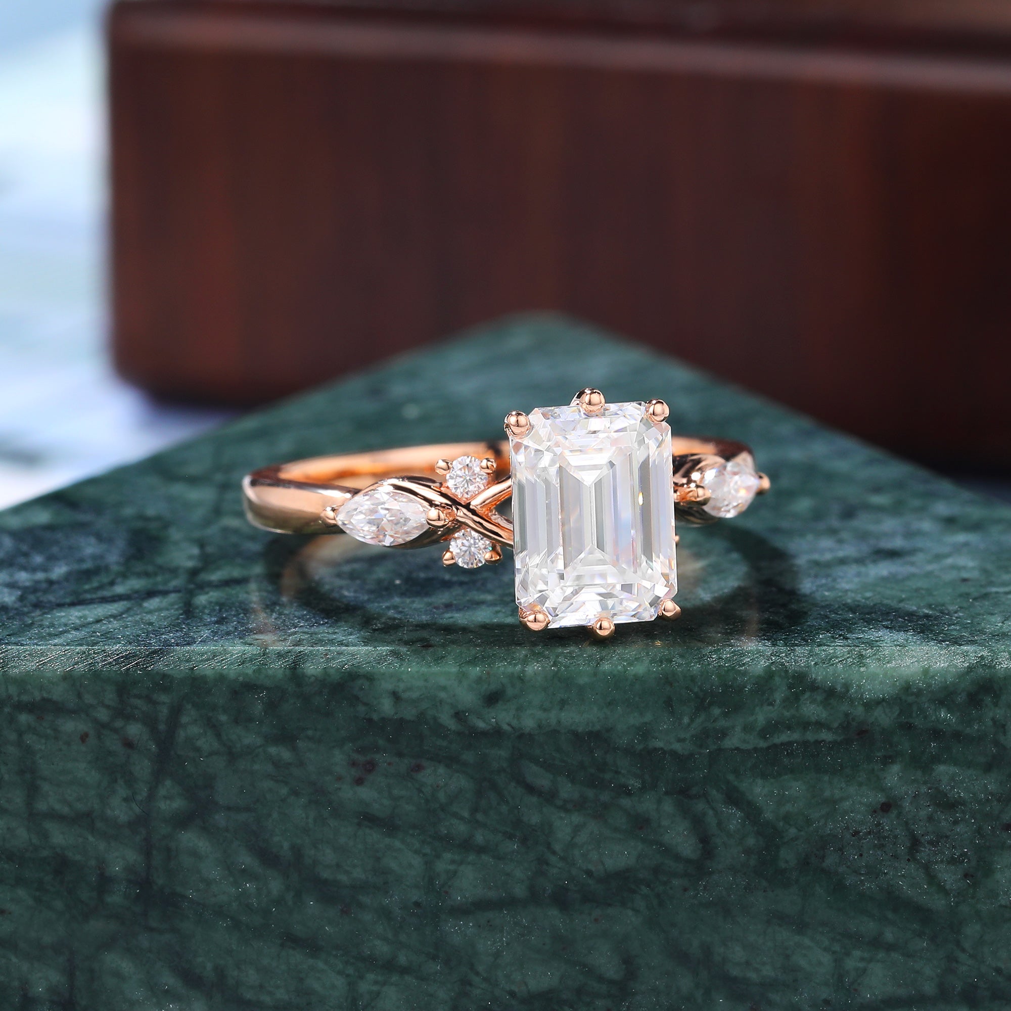 Cluster 1.73ct Emerald cut Lab grown Diamond engagement ring  10/14/18k