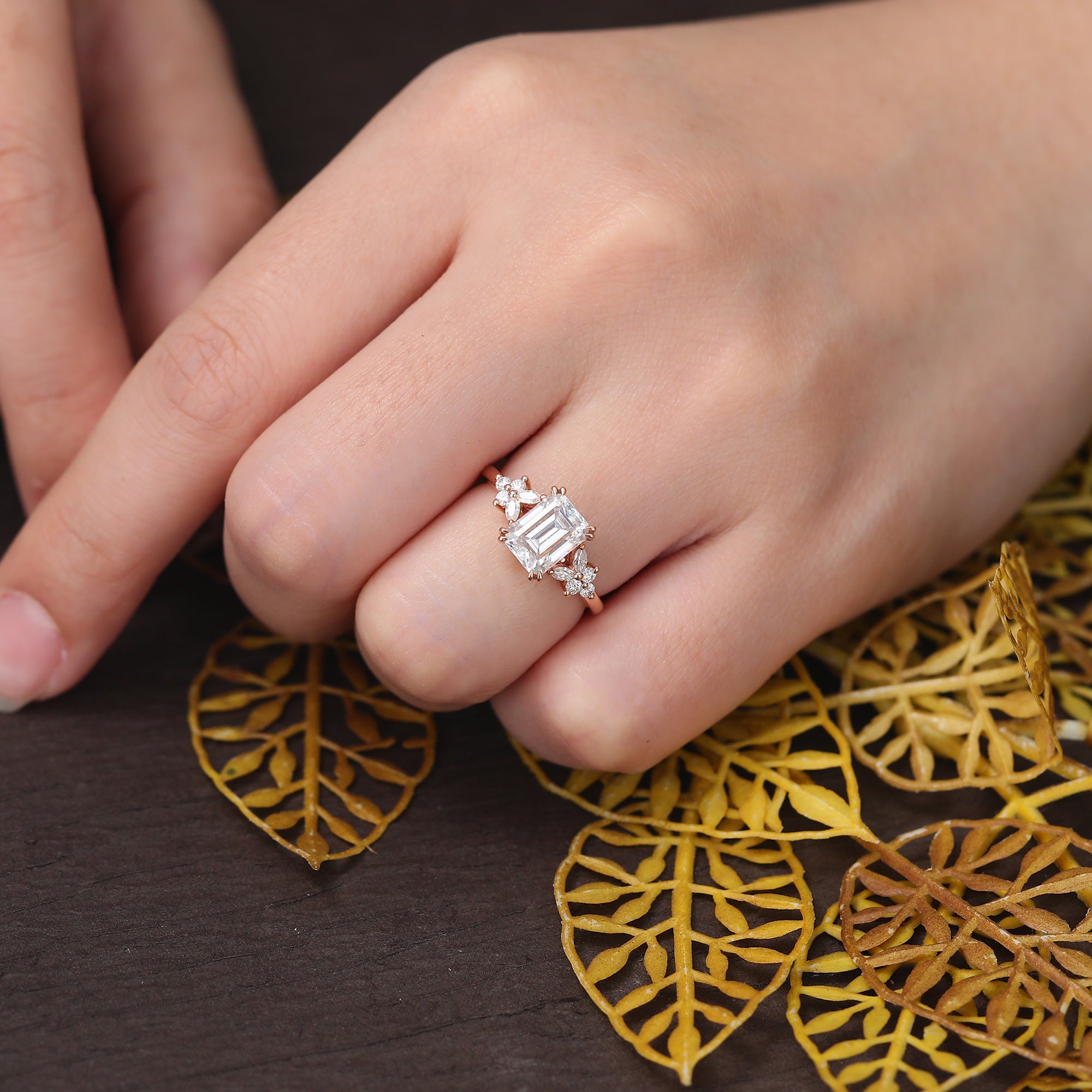 1.68ct Emerald cut Lab-grown Diamond engagement ring, Cluster rose gold ring anniversary gift 10K/14/18k gold