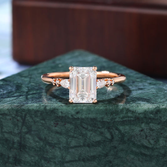 1.73ct Emerald cut moissanite engagement ring, Cluster rose gold ring, anniversary gift 10/14/18k gold