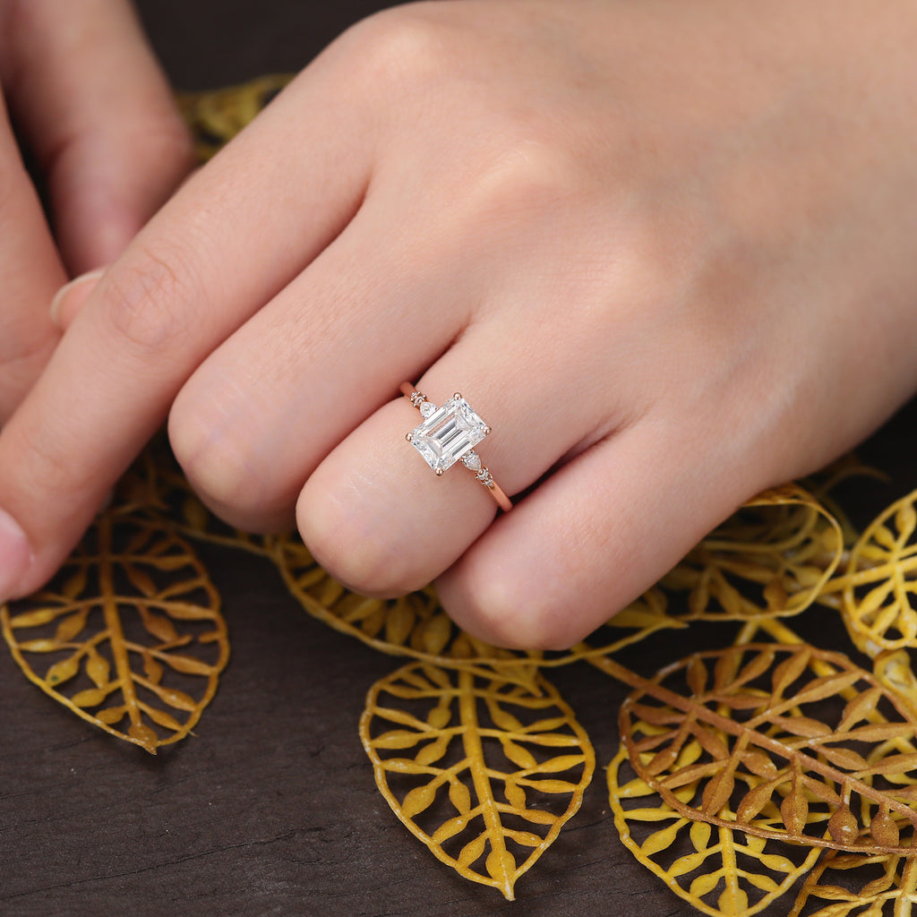 1.73ct Emerald cut moissanite engagement ring, Cluster rose gold ring, anniversary gift 10/14/18k gold