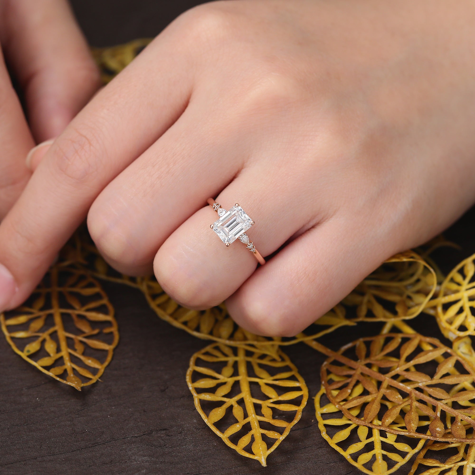 1.73ct Emerald cut moissanite engagement ring, Cluster rose gold ring, anniversary gift 10/14/18k gold