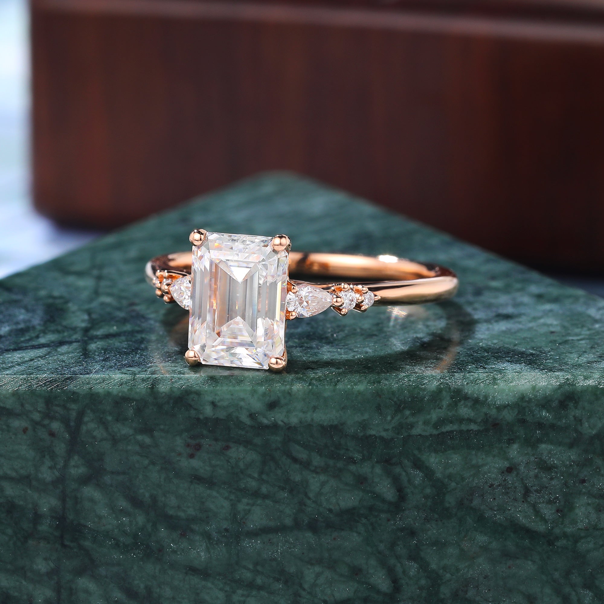 1.73ct Emerald cut moissanite engagement ring, Cluster rose gold ring, anniversary gift 10/14/18k gold