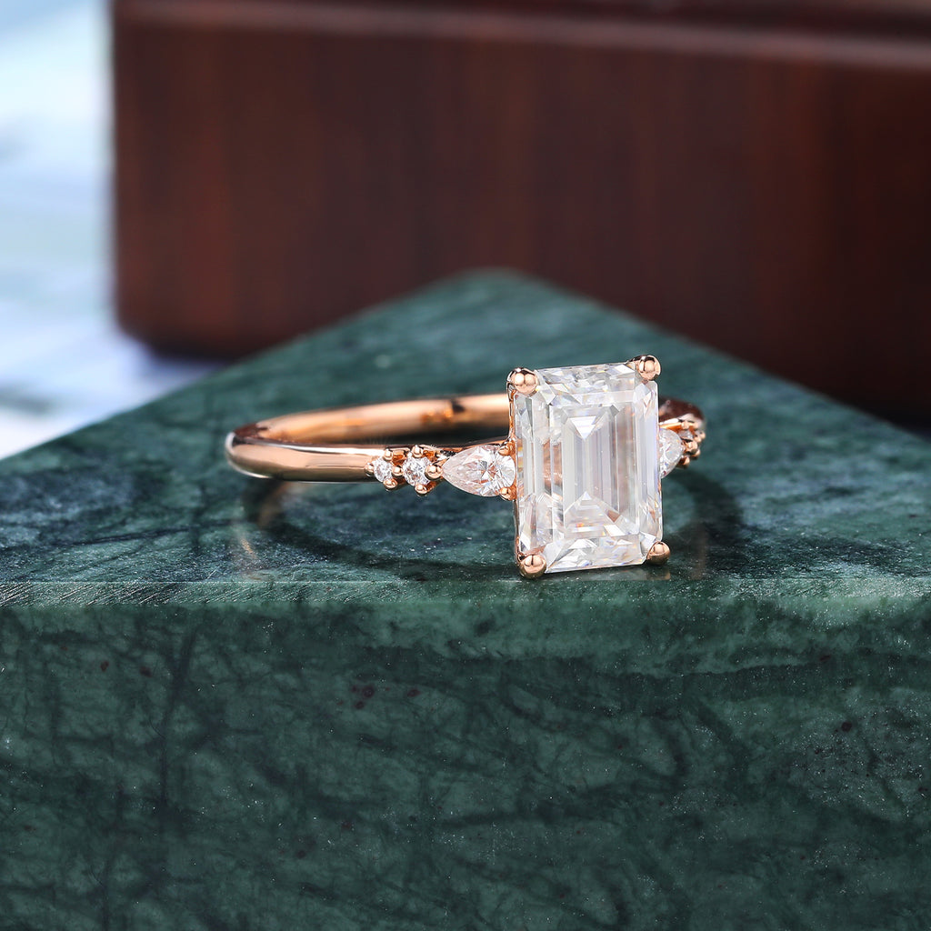 1.73ct Emerald cut moissanite engagement ring, Cluster rose gold ring, anniversary gift 10/14/18k gold