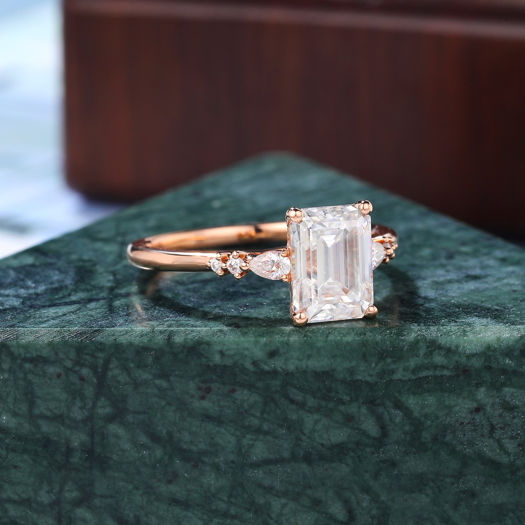 1.73ct Emerald cut moissanite engagement ring, Cluster rose gold ring, anniversary gift 10/14/18k gold