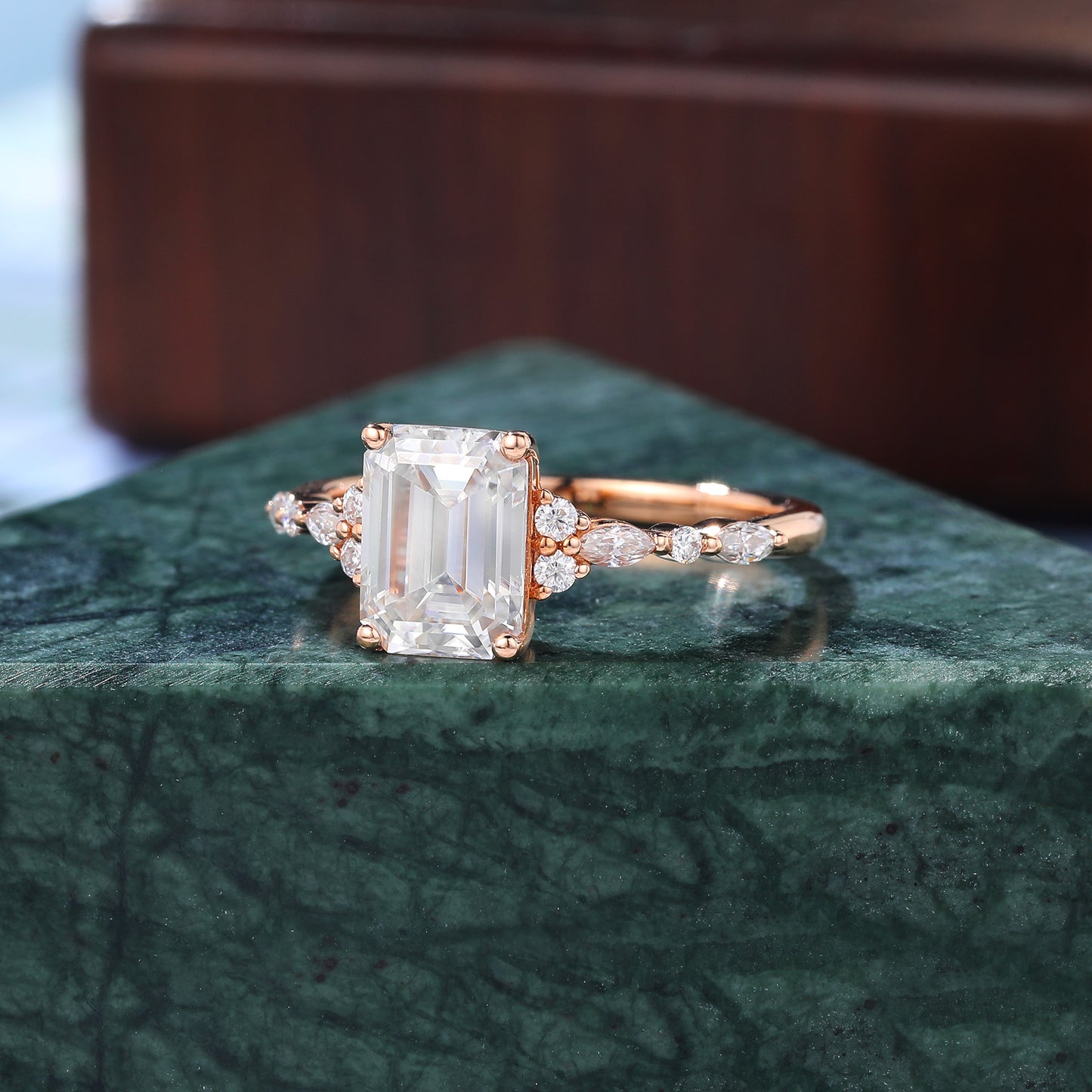 1.68ct Emerald cut Lab-grown Diamond engagement ring, Cluster rose gold ring, anniversary gift 10K/14/18k gold